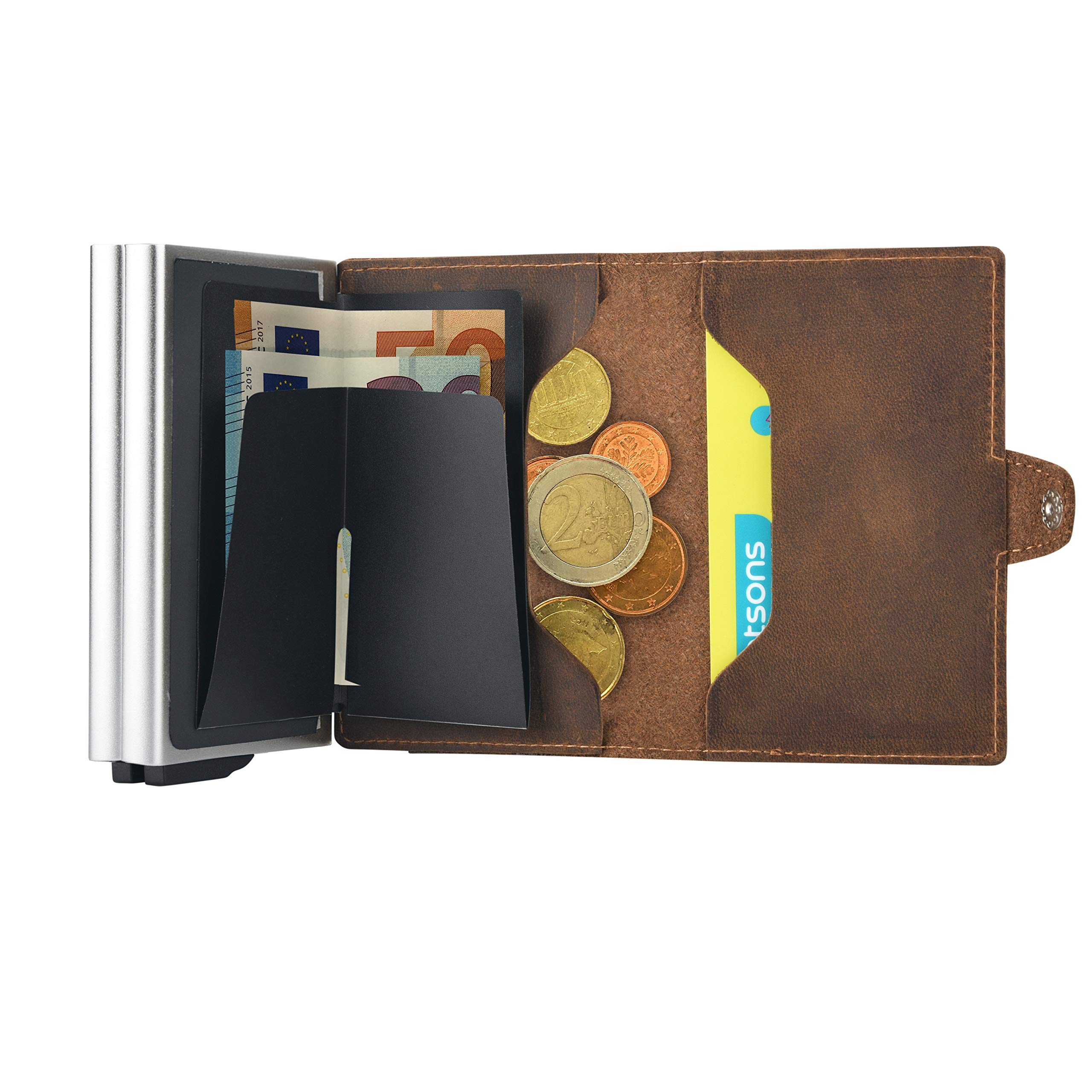 Duo Premium Herren Geldbörse, RFID/NFC Schutz, Slim Wallet mit Münzfach, Druckknopf & Kartenetui, aus A++ Echtleder, bis zu 12 Karten, Business Portmonee für Männer (Silber)