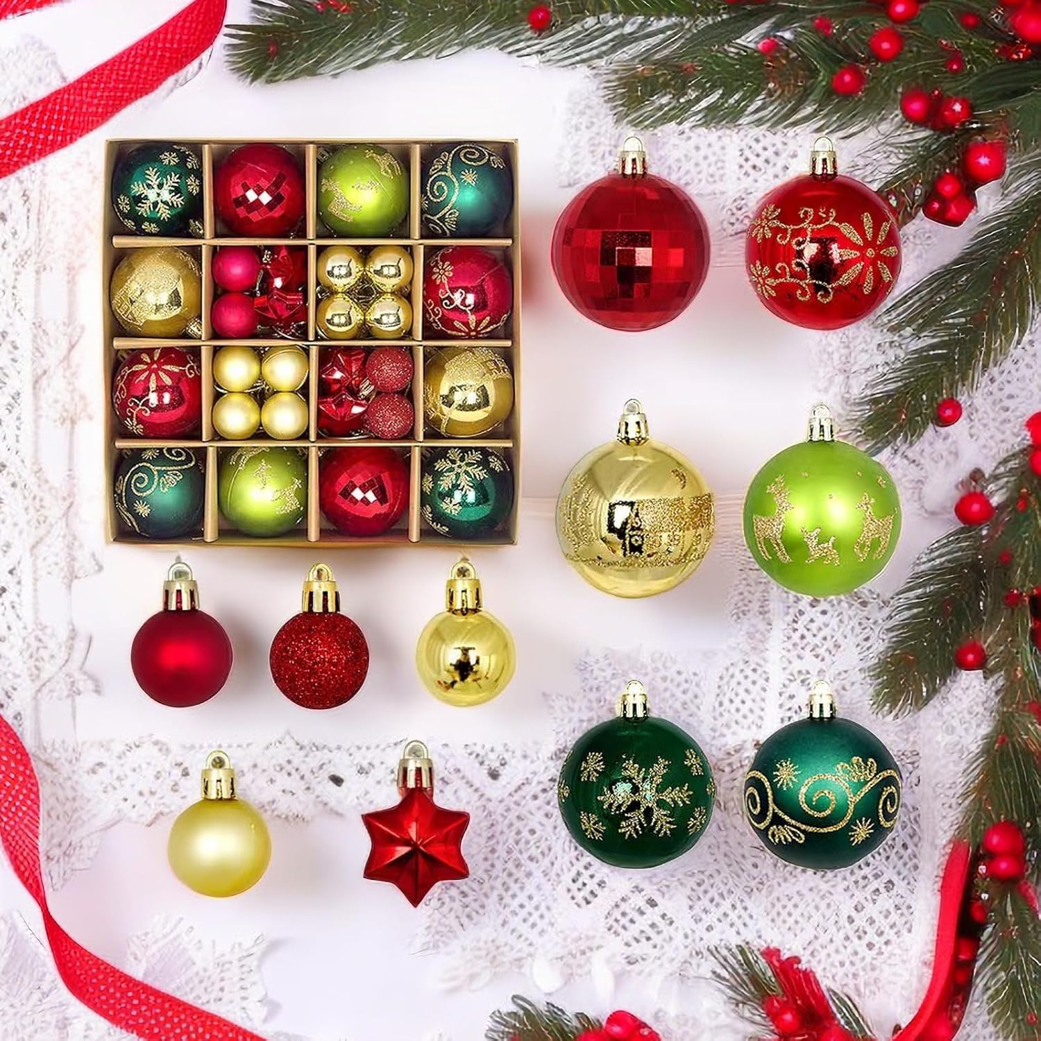Juego de 44 adornos de bolas de Navidad, adornos de bolas de Navidad inastillables para Navidad, vacaciones, corona y decoraciones de fiestas, con
