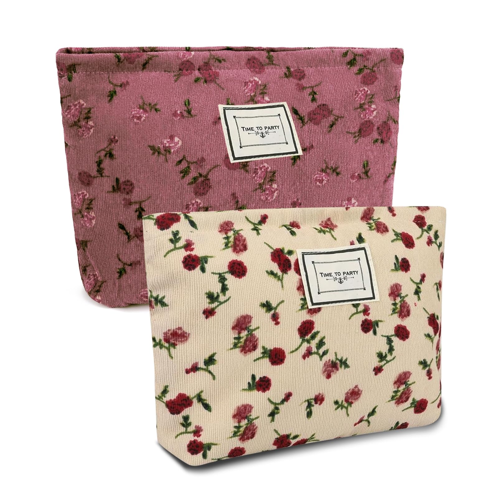 2pcs Floral Makeup Bags, Toiletries Bag for Women, Rose Flower Printing Corduroy Toiletry Bag - Large Capacity and Portable, Travel Makeup Bag Suitable for Ladies and Girls