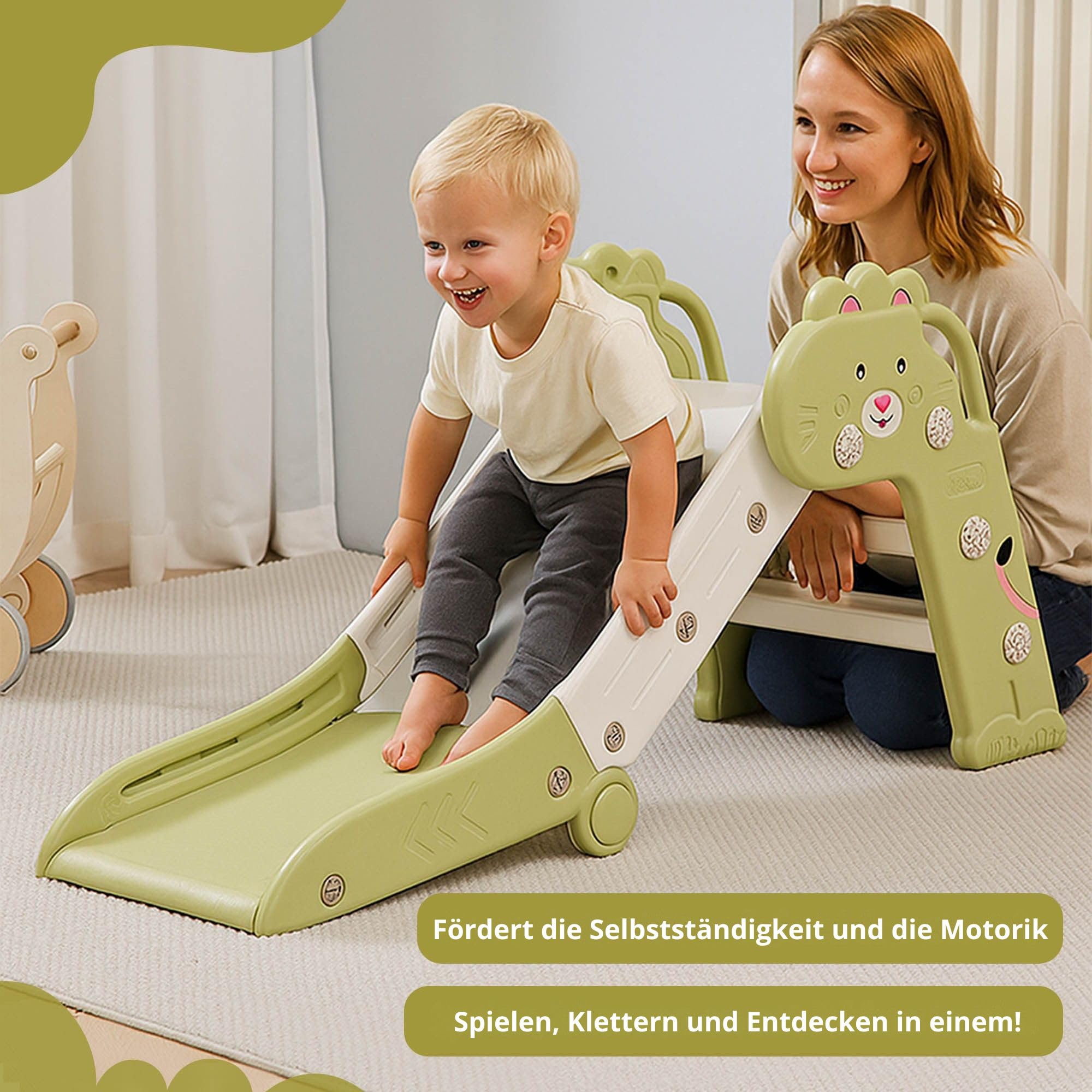 Bambini Kinderrutsche Outdoor & Indoor Klappbar 1-4 Jahre - Rutsche mit CE Zertifikat, Stabile Konstruktion, rutschfeste Stufen, Schneller Aufbau, Platzsparend, 112x49x55 cm, Grün/Weiß