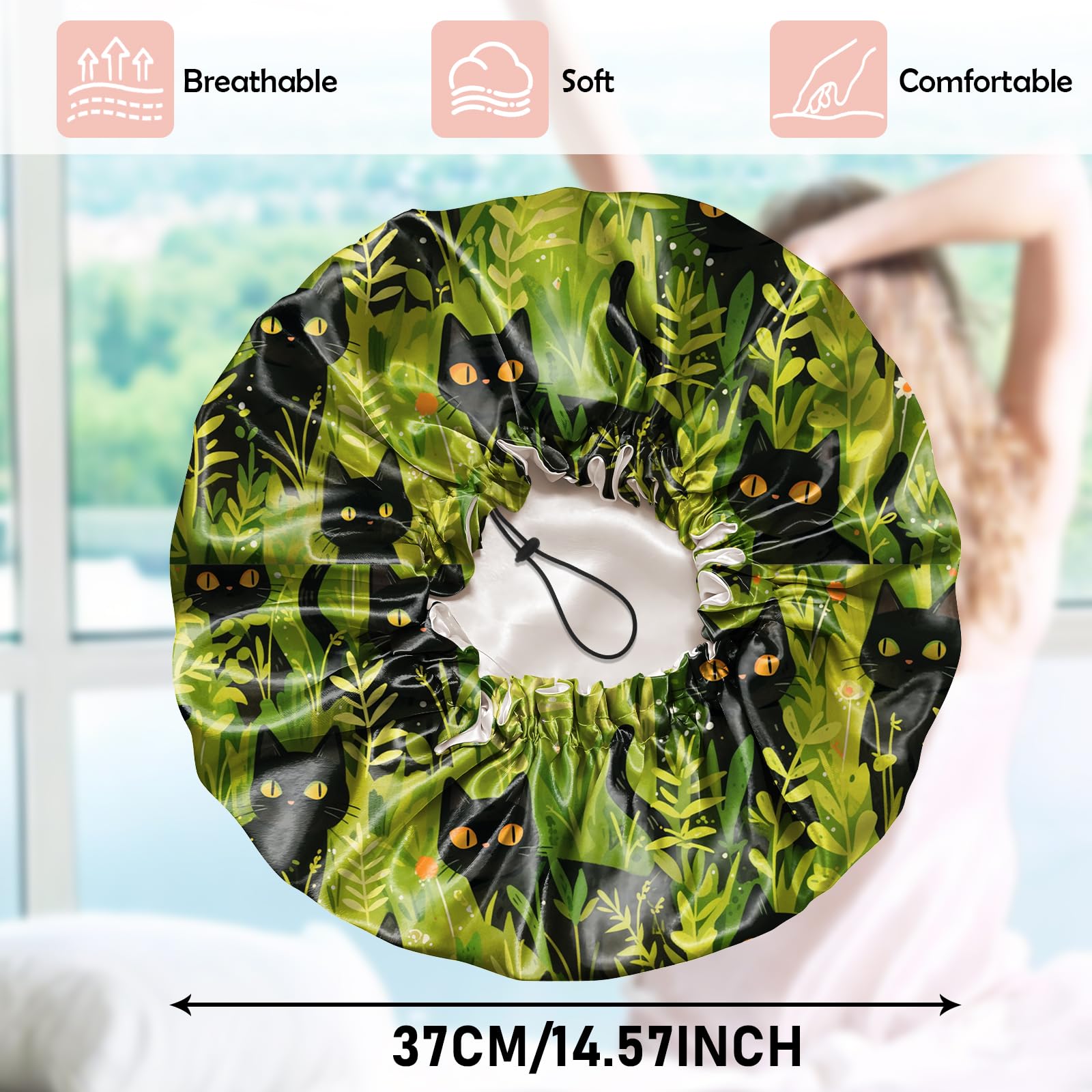 Cabreche Luxury Shower Cap Satin Silk Lined Adjustable Elastic Reusable Waterproof Shower Bath Cap Cute for Women Girls-Grass Black Cat