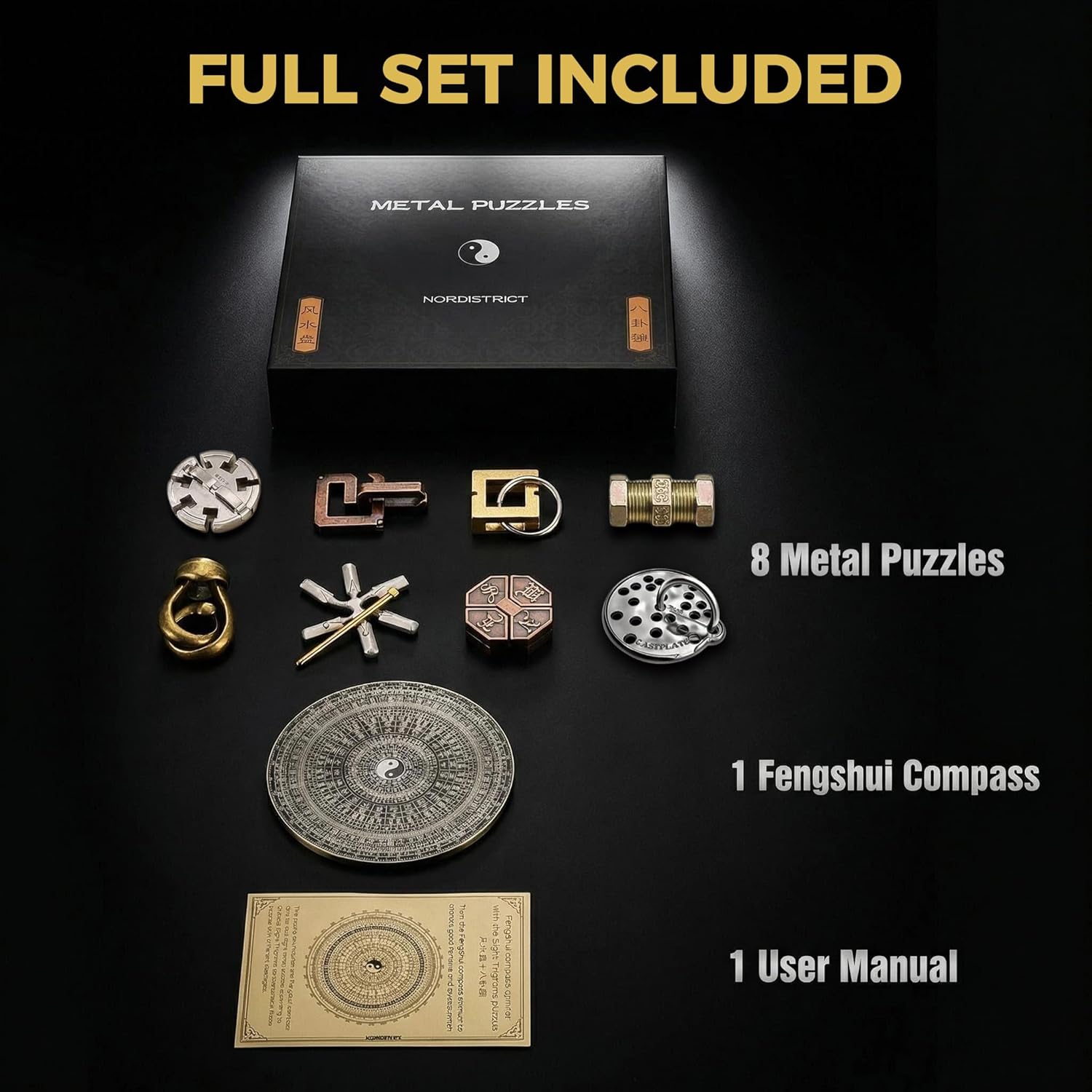 Bagua Metal Puzzles Set with Feng Shui Compass, 8+1 Alloy Brain Teasers, Traditional Chinese Intellectual Puzzle Toys for Adults, Stress Relief Fidget Desk Toy & Gift for Puzzle Lovers