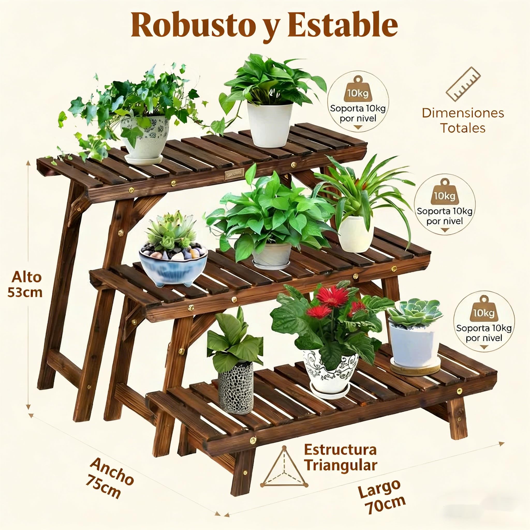 COSTWAY Estantería para Plantas de Madera, 3 Niveles Soportes Macetas Separados para Interior y Exterior, Estante Carbonizado de Escalera para Plantas y Flores, Jardín Patio Balcón, 70x25x14/34/53 cm