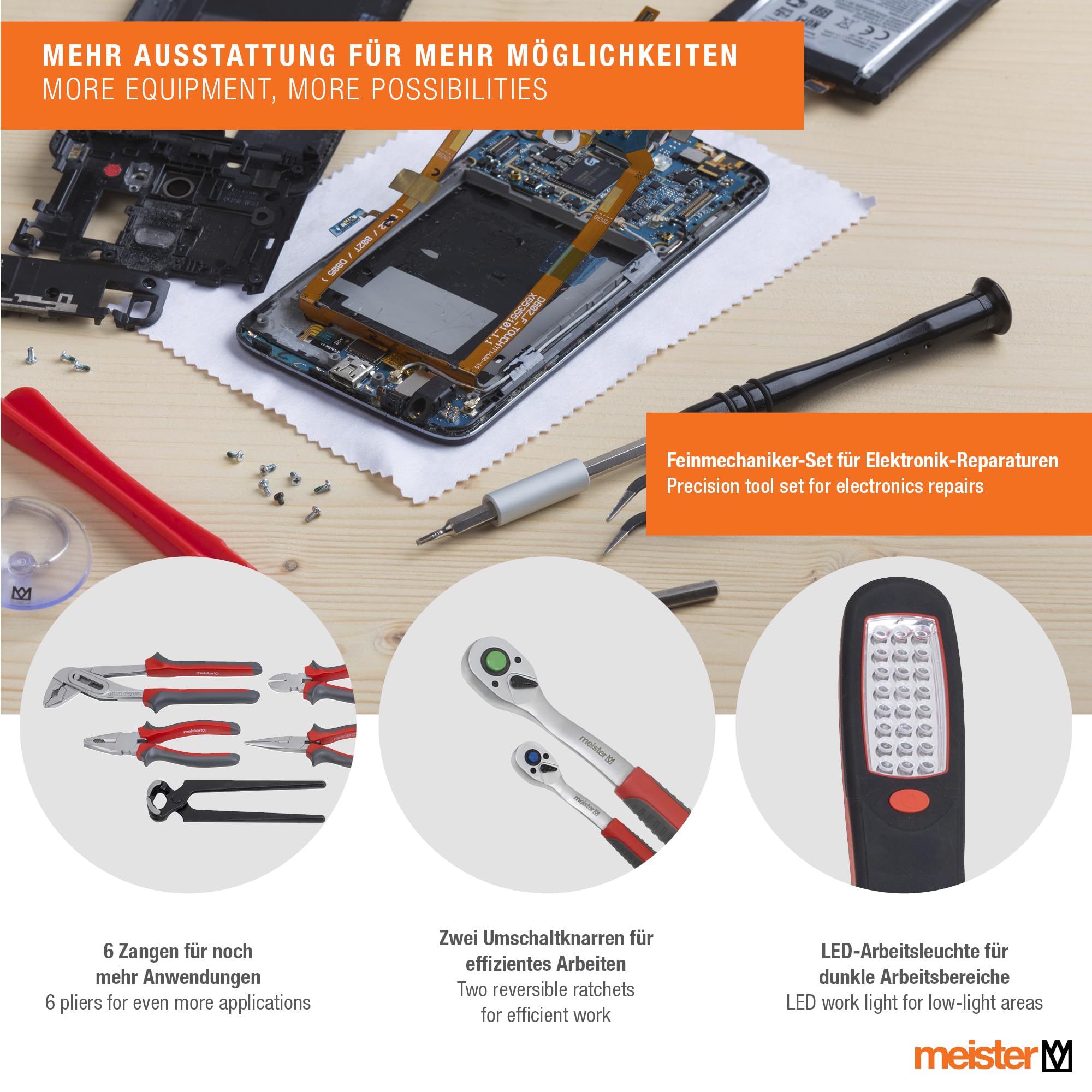 Meister Chariot à outils 230 pièces - Kit d'outils - Avec roulettes - Poignée télescopique/Mallette à outils professionnelle remplie/Caisse à outils mobile sur roulettes/Boîte à outils complète