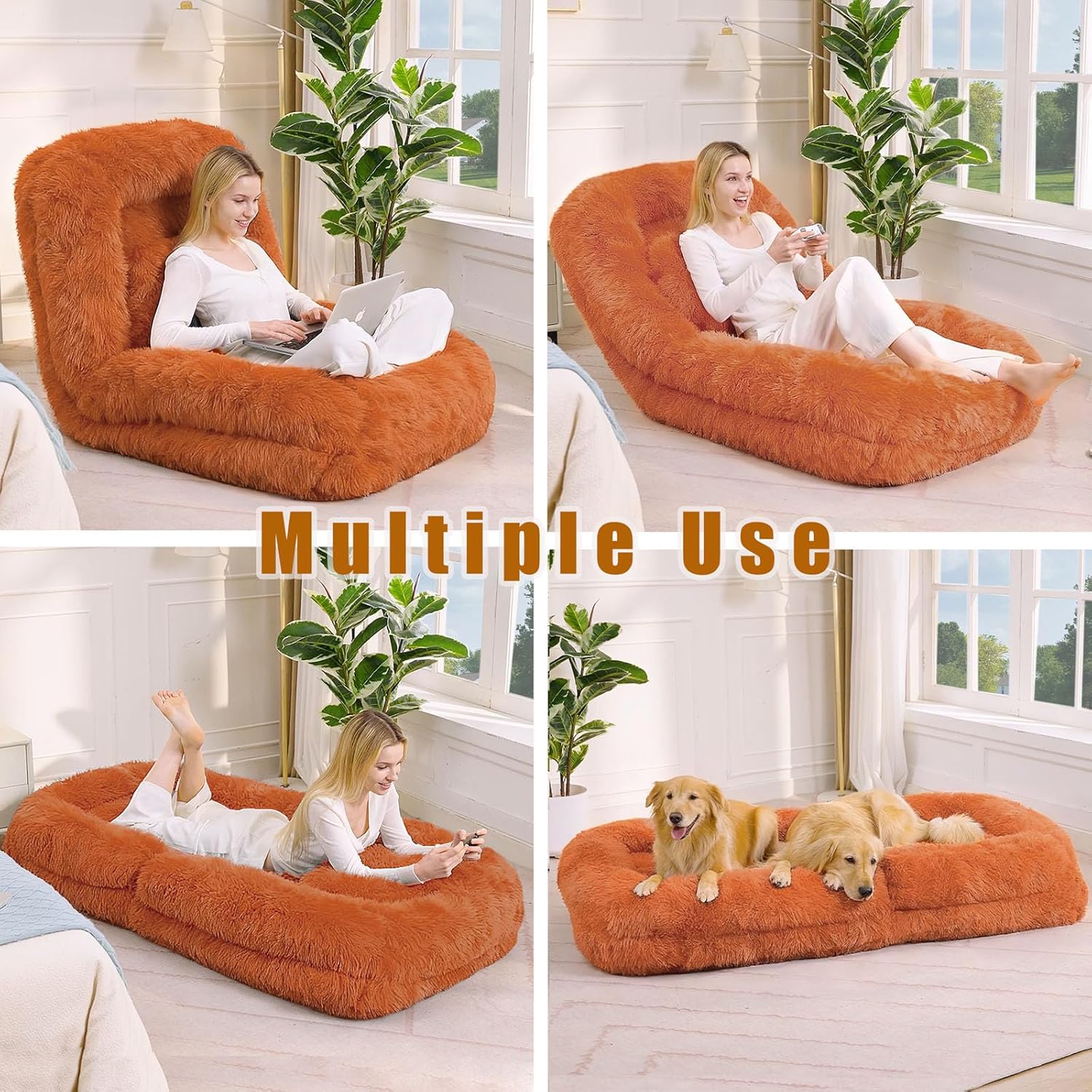 Upholstered Human Dog Bed for Adult Folding,Convertible Lazy Sofa Bed with 5 Adjustable Position for Gaming Meditation,Comfy Plush Floor Bean Bag Lounge Chair for Bedroom Living Room (Orange)