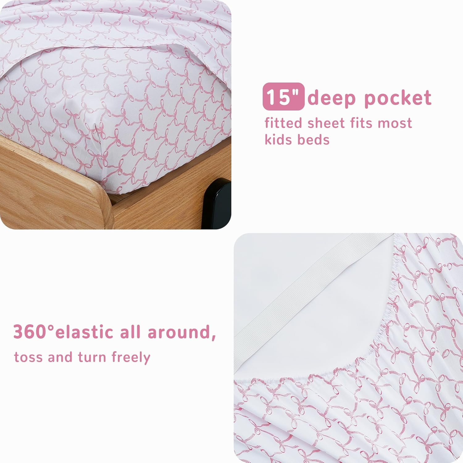 Softan Kids Bed Sheet Set, Girls Full Size Kids Sheets, Microfiber Fitted Sheet and Pillowcase, Breathable and Silky Soft, 4 Piece Pink Bowknot Printed Full Bed Sheet
