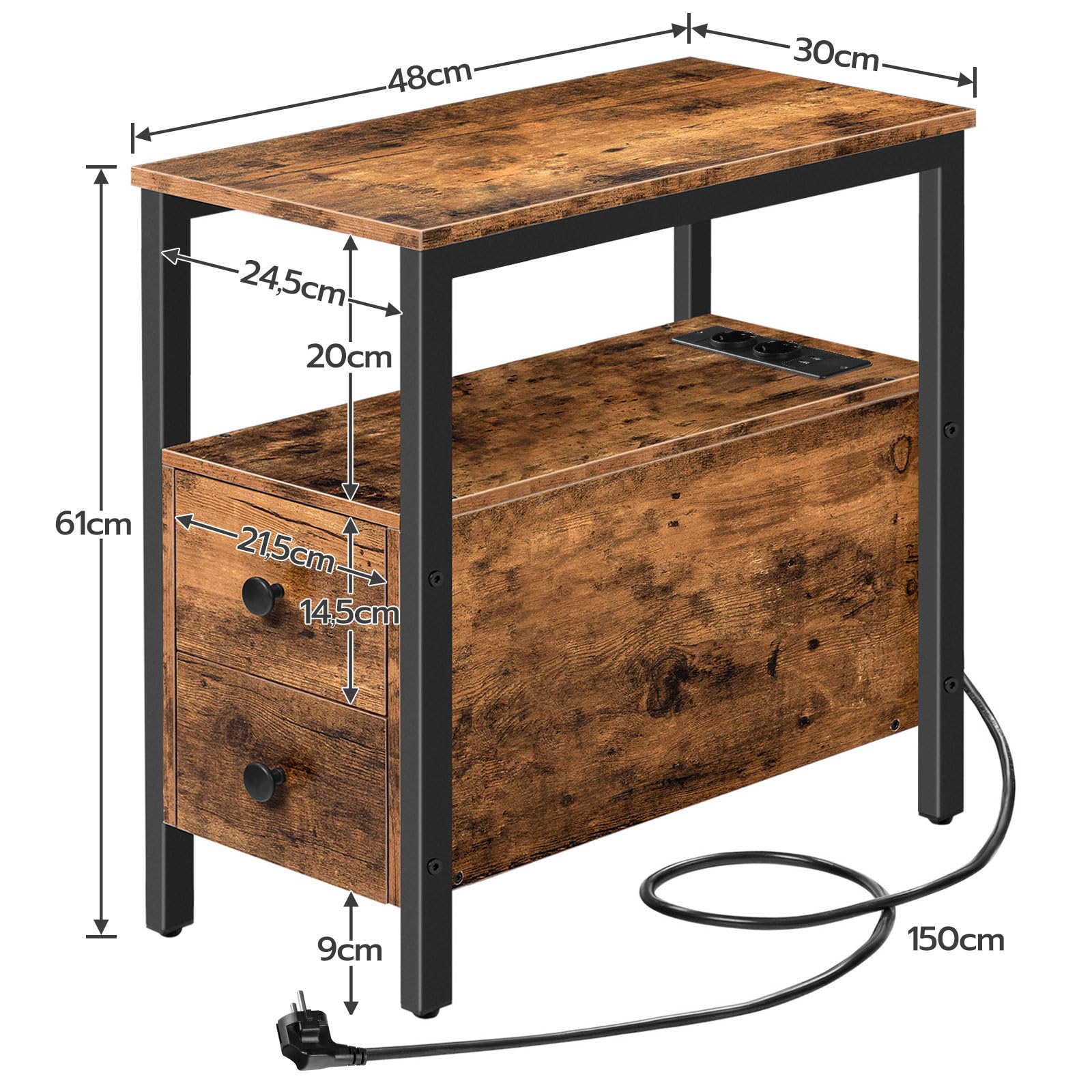 HOOBRO Beistelltisch mit Ladestation, Sofatisch mit 2 Schubladen und USB-Anschluss und Steckdose, Nachttisch für kleine Räume, Stabil und Robust, für Wohnzimmer, Schlafzimmer, Dunkelbraun EBF542BZ01