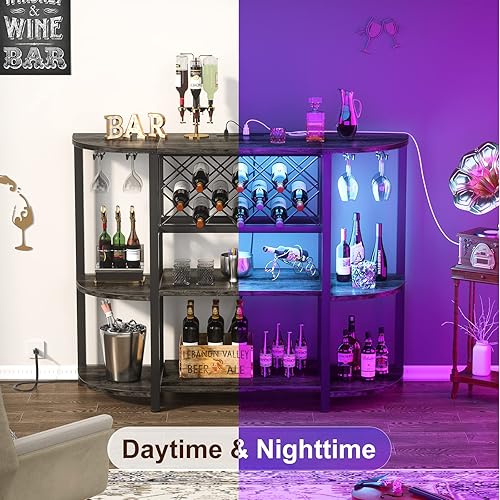 Vista 28 de Unikito Mesa de estante para vino con enchufe y luz LED, gabinete de barra de piso para licor y vasos, mesa de bar de café de madera con estante