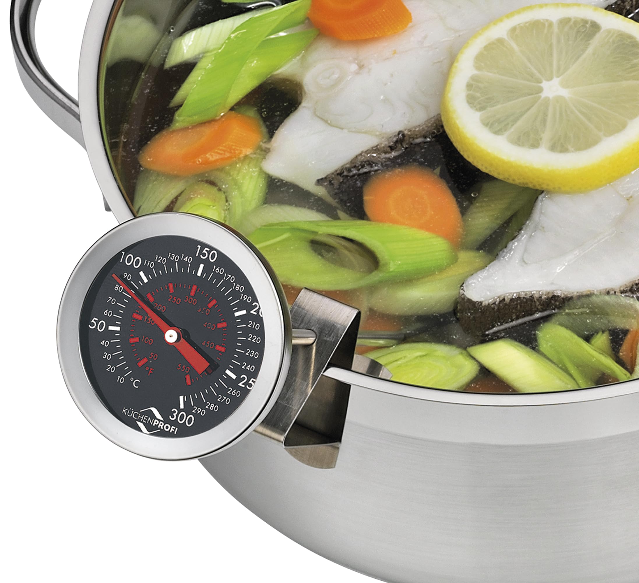 Küchenprofi Termometro per friggere in acciaio inox con pratica clip, termometro da cucina, termometro per barbecue, termometro analogico, scala 0-300 °C leggibile in °C e °F, 21,2 cm