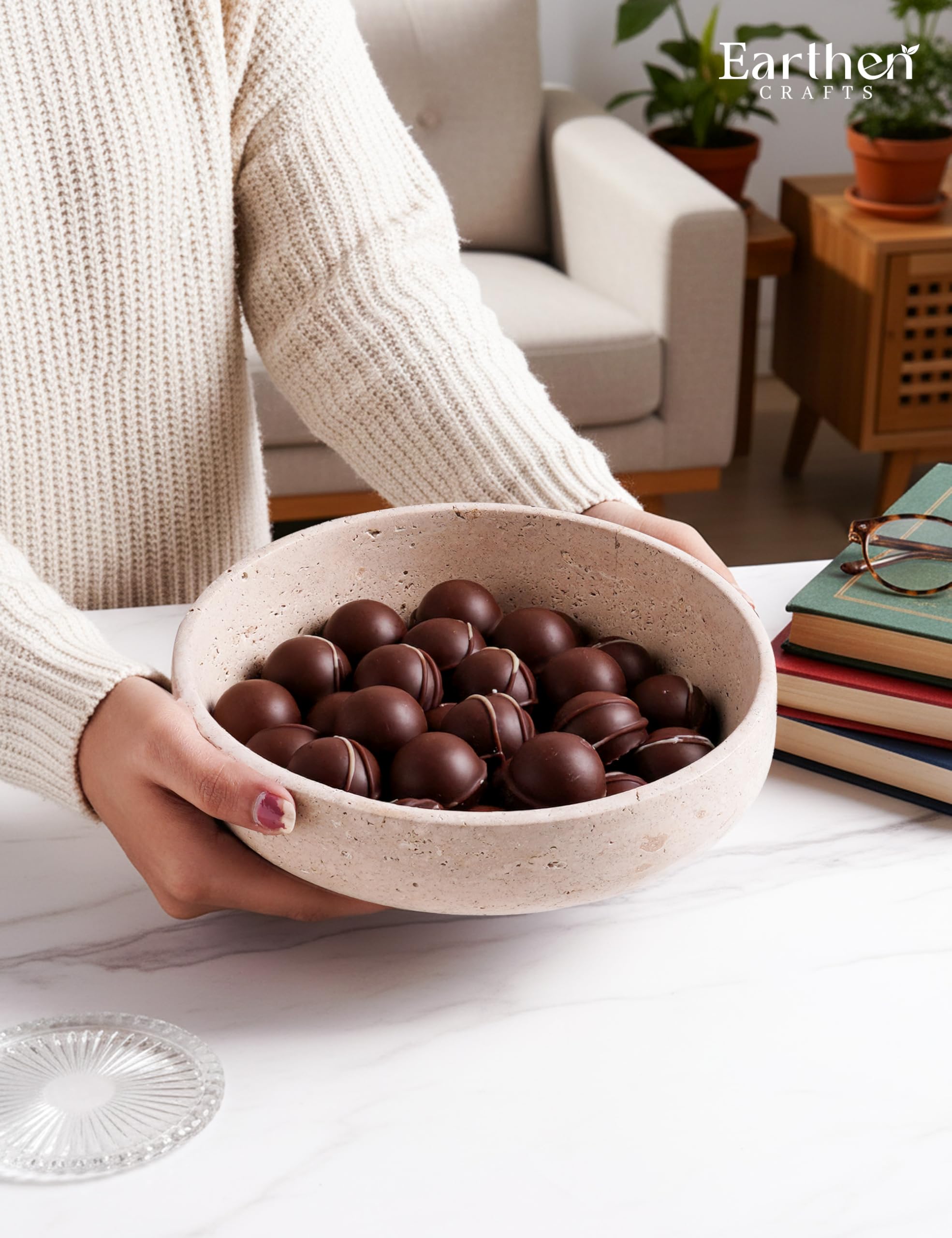 Bol de servir de mármol de 20 cm (8 pulgadas), travertino, hecho a mano para la encimera de la cocina, ideal para ensaladas, encimera de cocina, decoración moderna