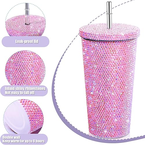 Miniatura 3 de Mimorou Botella de agua con purpurina y tapa, de acero inoxidable, con diseño de diamantes de imitación, con 1 cepillo para tazas, 6 cepillos para