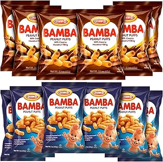 Bamba Peanut Butter Snacks All Natural Peanut Butter PB Corn Puffs (6 Hazelnut Cream , 2.1oz Bags + 6 Regular, 1oz Bags)