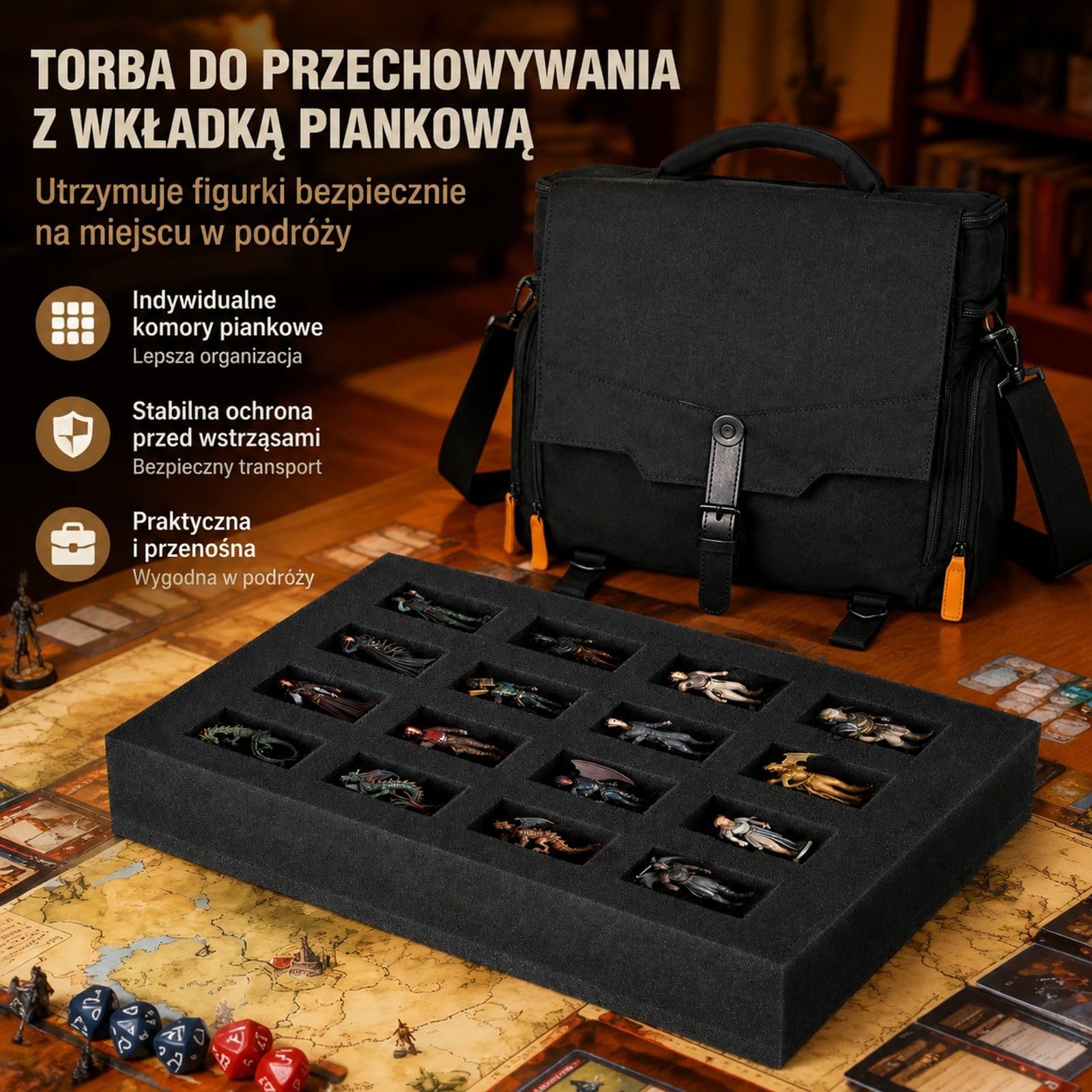 Torba transportowa na 16 miniatur piechoty, uchwyt, regulowany pasek na ramię, 1 warstwa pianki, modele nie wchodzą w skład zestawu