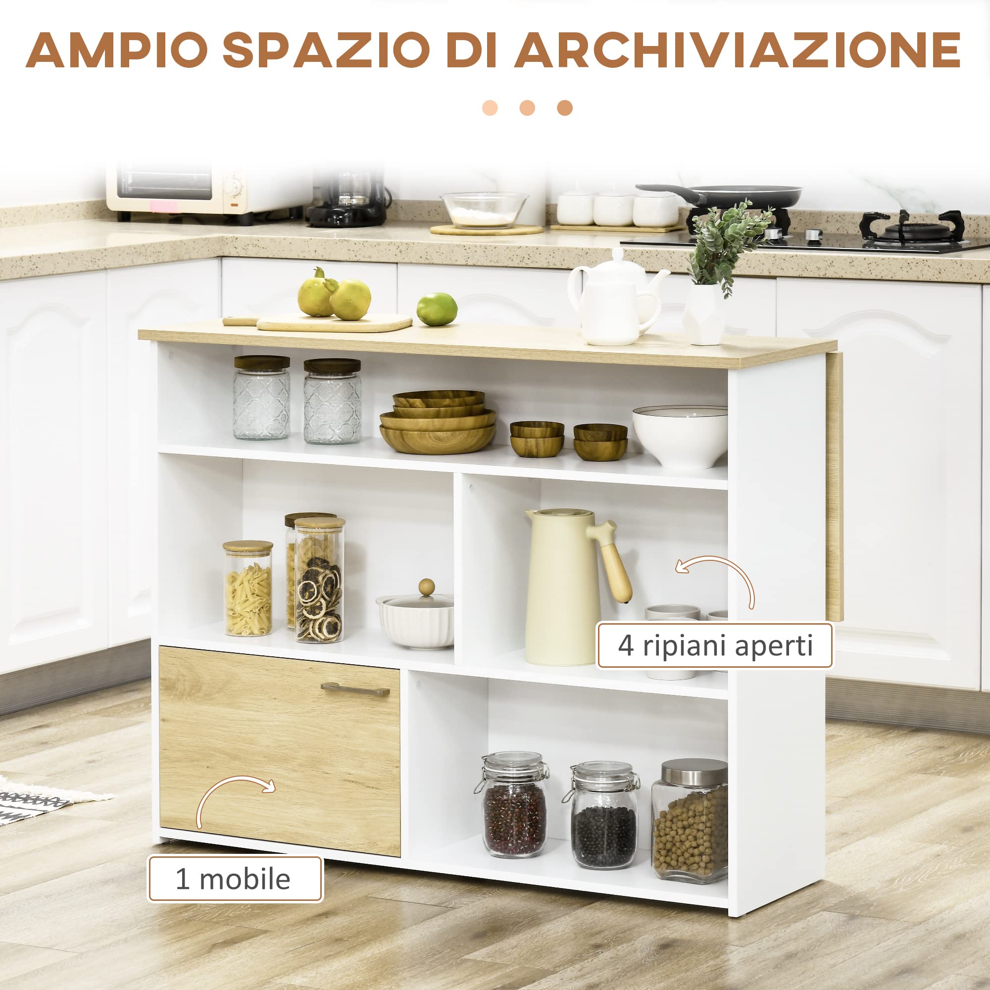 HOMCOM Tavolo da Bar Moderno ed Estensibile in MDF per 2 Persone con 4 Ripiani Aperti e Armadietto, 116x79.5x91 cm, Bianco e Color Legno