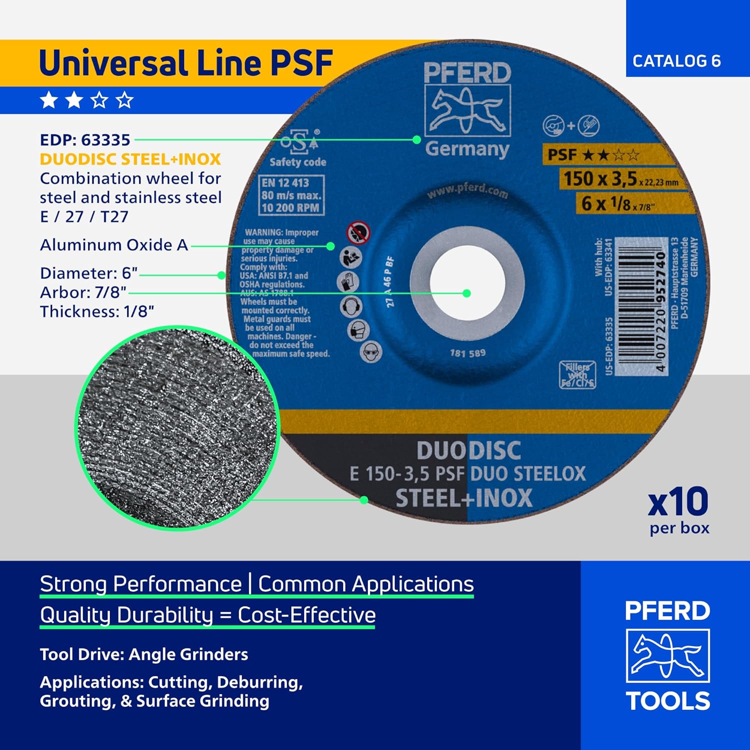 PFERD 6" PSF DUODISC STEELOX Combination Cutting and Grinding Wheel - Type 27, Aluminum Oxide, 1/8" Thick, 7/8" Arbor, 10200 RPM (Pack of 10) - Part 63335
