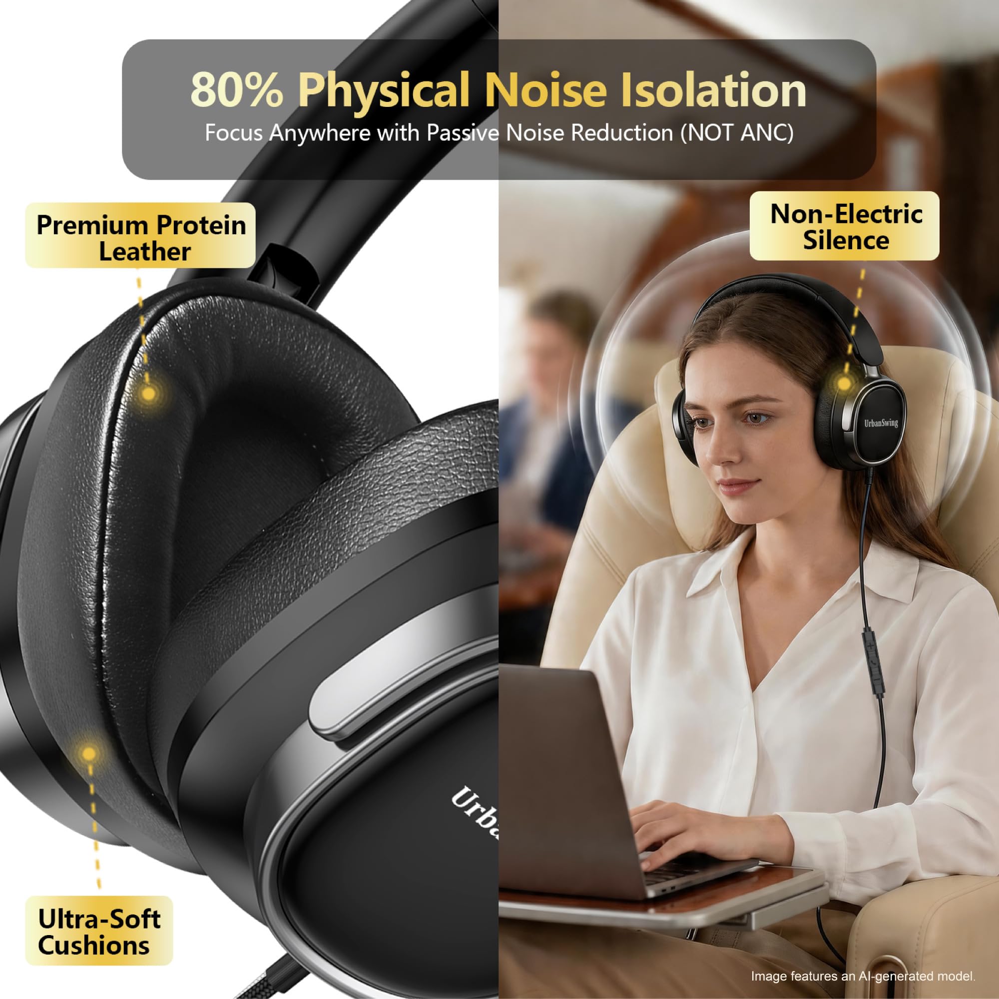 URBAN SWING W70 Przewodowe słuchawki nauszne z mikrofonem, adapter USB-C plus gniazdo 3,5 mm i etui podróżne Hardshell, bardzo długi pleciony przewód 1,5 m do iPada, iPhone'a 16/17, Samsung, PS5