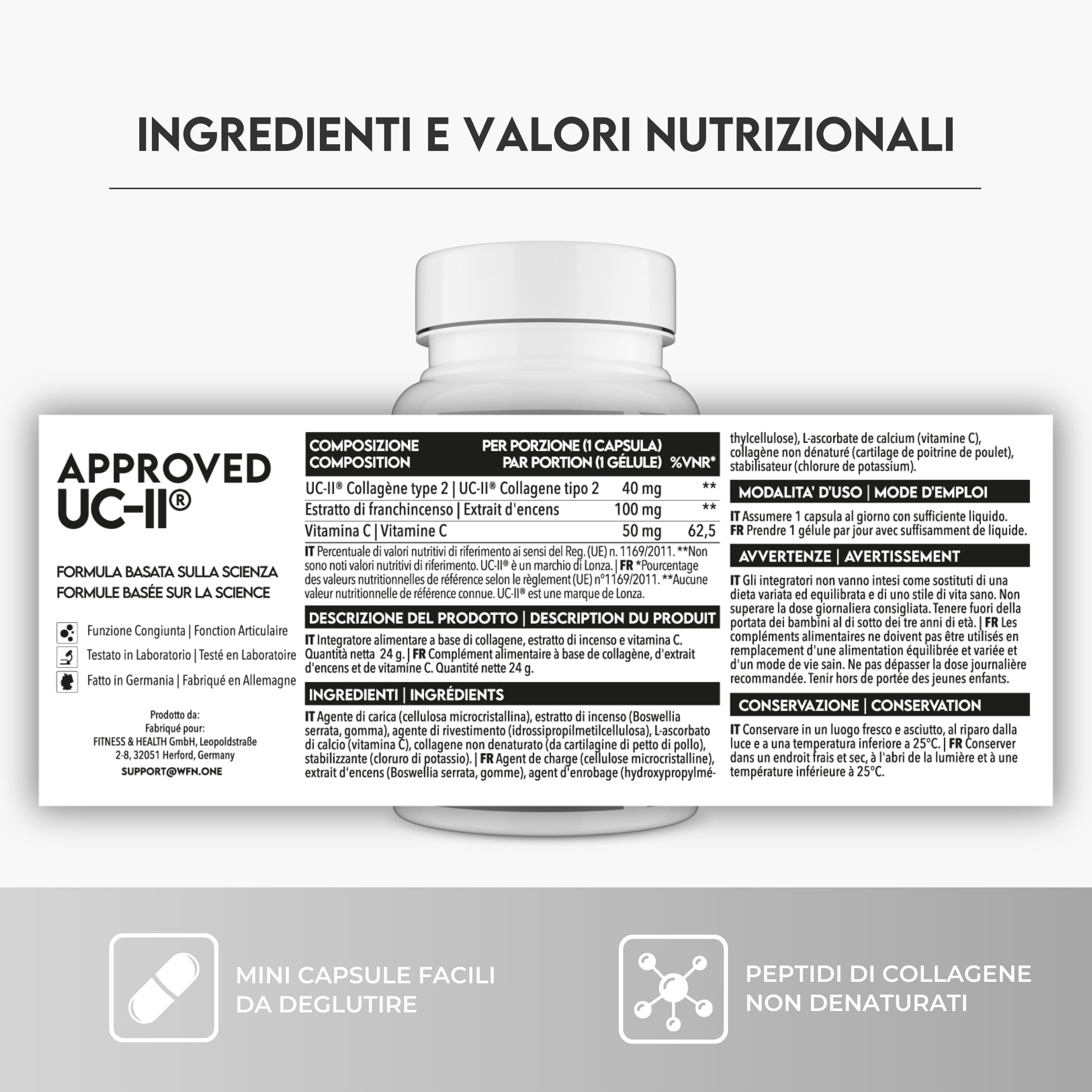WFN Approved UC-II - Collagene tipo 2 non denaturato - Alto dosaggio - 60 capsule - Complesso articolare con Collagene UC II, Vitamina C e Boswellia Serrata - Prodotto e testato in Germania