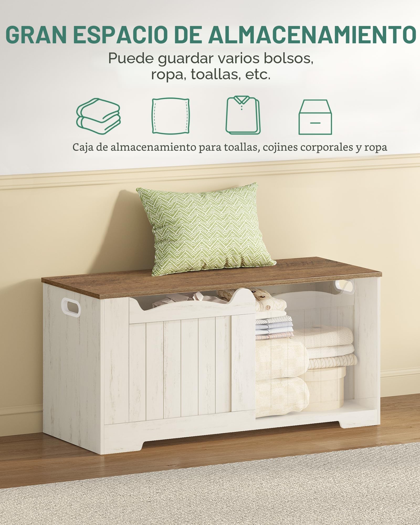 Hzuaneri Banco Almacenaje, Banco Zapatero de Entrada, Puff Almacenaje, fácil de Montar, Buena Capacidad, para Entrada de Asiento, para Pasillo, Dormitorio, salón, 40 x 100 x 48 cm, Blanco y Marrón