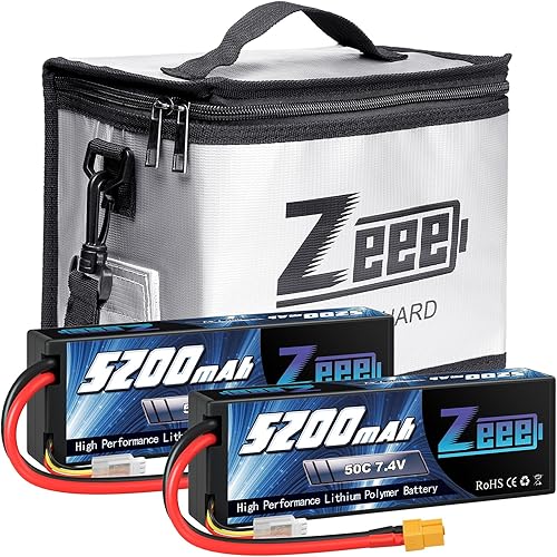 Zeee 2S Lipo Battery 5200mAh 7.4V 50C Estuche rígido Batería XT60 Conector 2 baterías con 1 bolsa de seguridad Lipo Bolsa ignífuga a prueba de