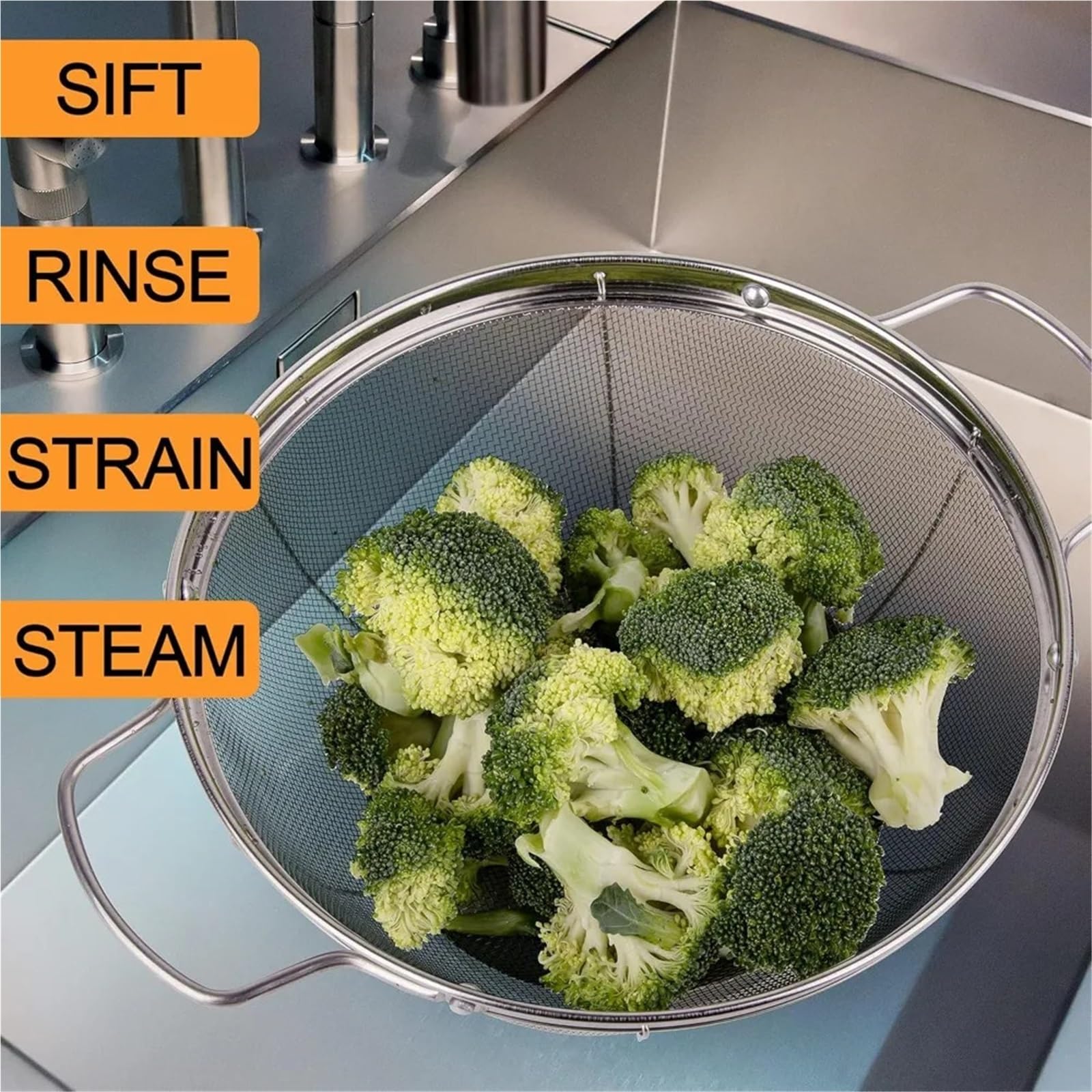 Paquete de 3 coladores acero inoxidable 18/8 (5 cuartos, 4 y cuartos), cestas malla con asas base apoyo for colar, escurrir, enjuagar o vaporizar para Pasta Verduras y Frutas