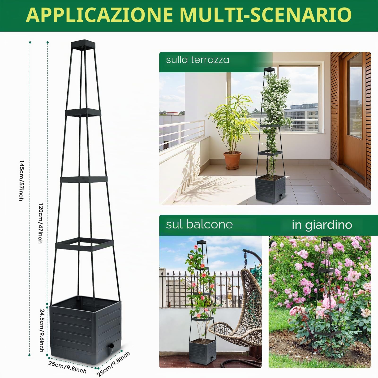 MYMULIKE Confezione da 2 vasi da giardino rialzati con traliccio, 147 cm, gabbia per pomodori, vaso da giardino rialzato con traliccio per piante rampicanti, gabbia per pomodori con auto-irrigazione