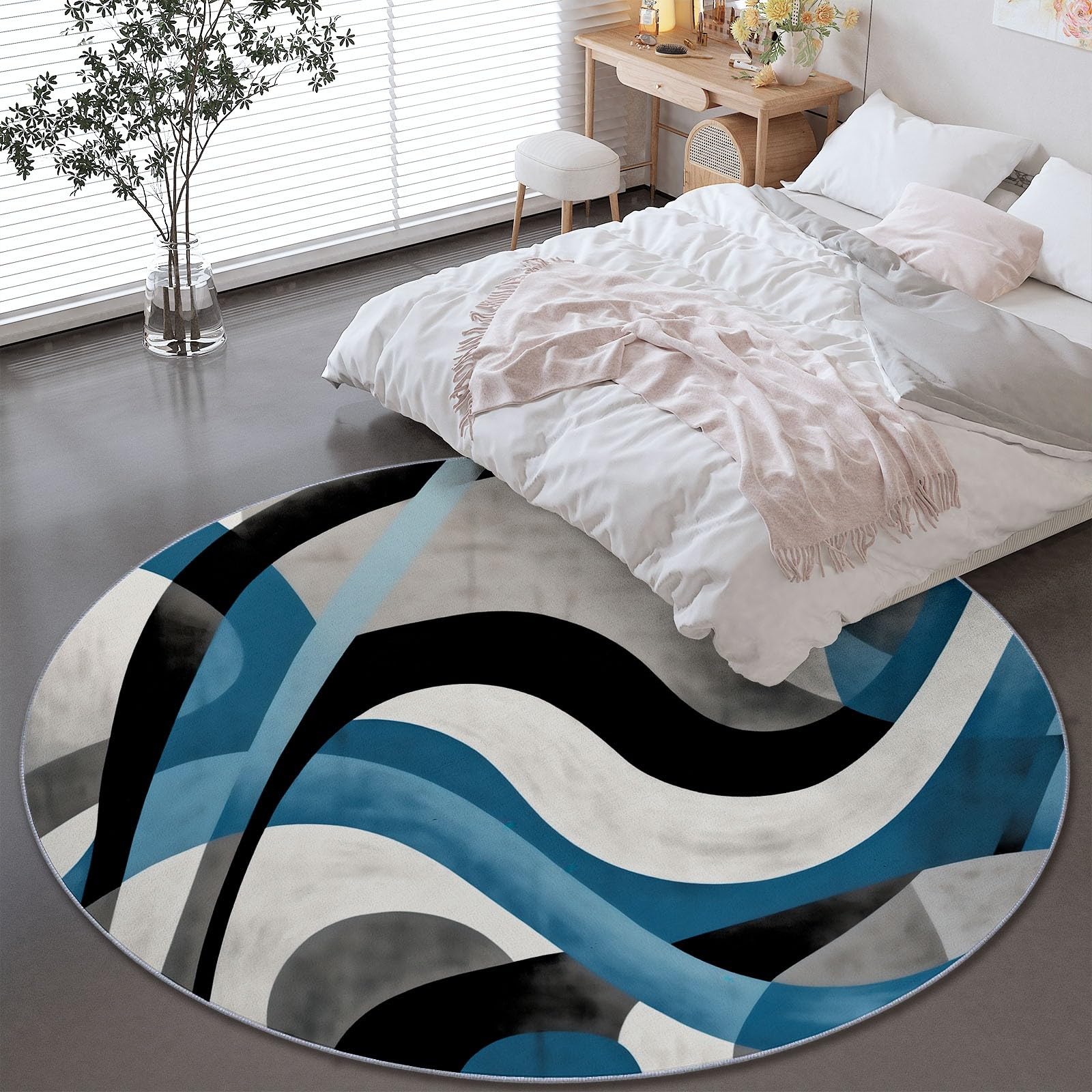 Générique Tapis Rond Salon 120 cm - Imprimé Moderne Abstrait Rayé Antidérapant Flanelle Douce Rond Tapis de Sol Décoration, Circulaire pour Salon Chambre Cuisine Bureau Couloir, Gris-Bleu
