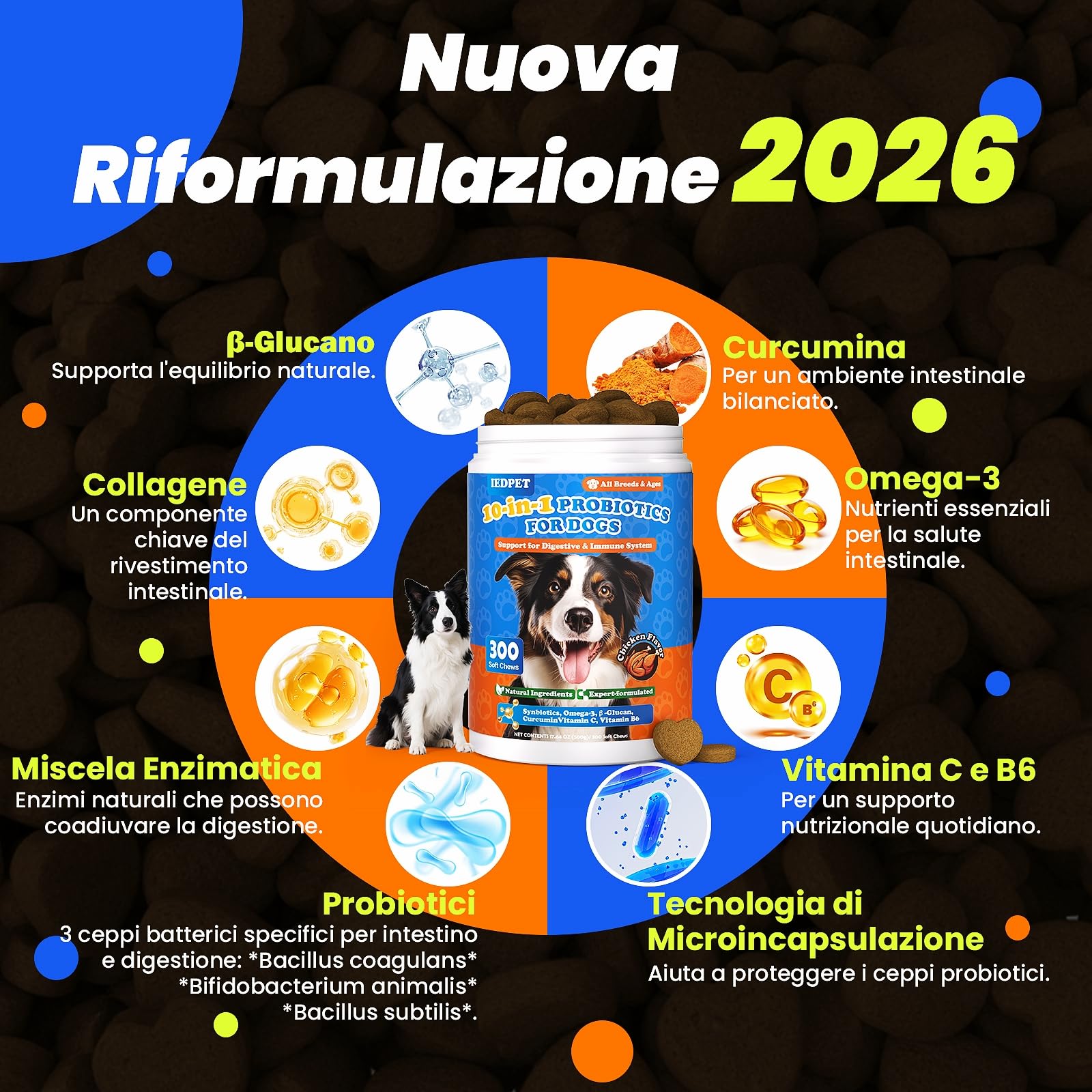 10-in-1 Probiotici per Cani - 500g Formula Premium con Probiotici e Prebiotici, per la Cura Quotidiana dell'Intestino e il Benessere Generale, Facile da Somministrare, Altamente Palatabile, 300 Snacks