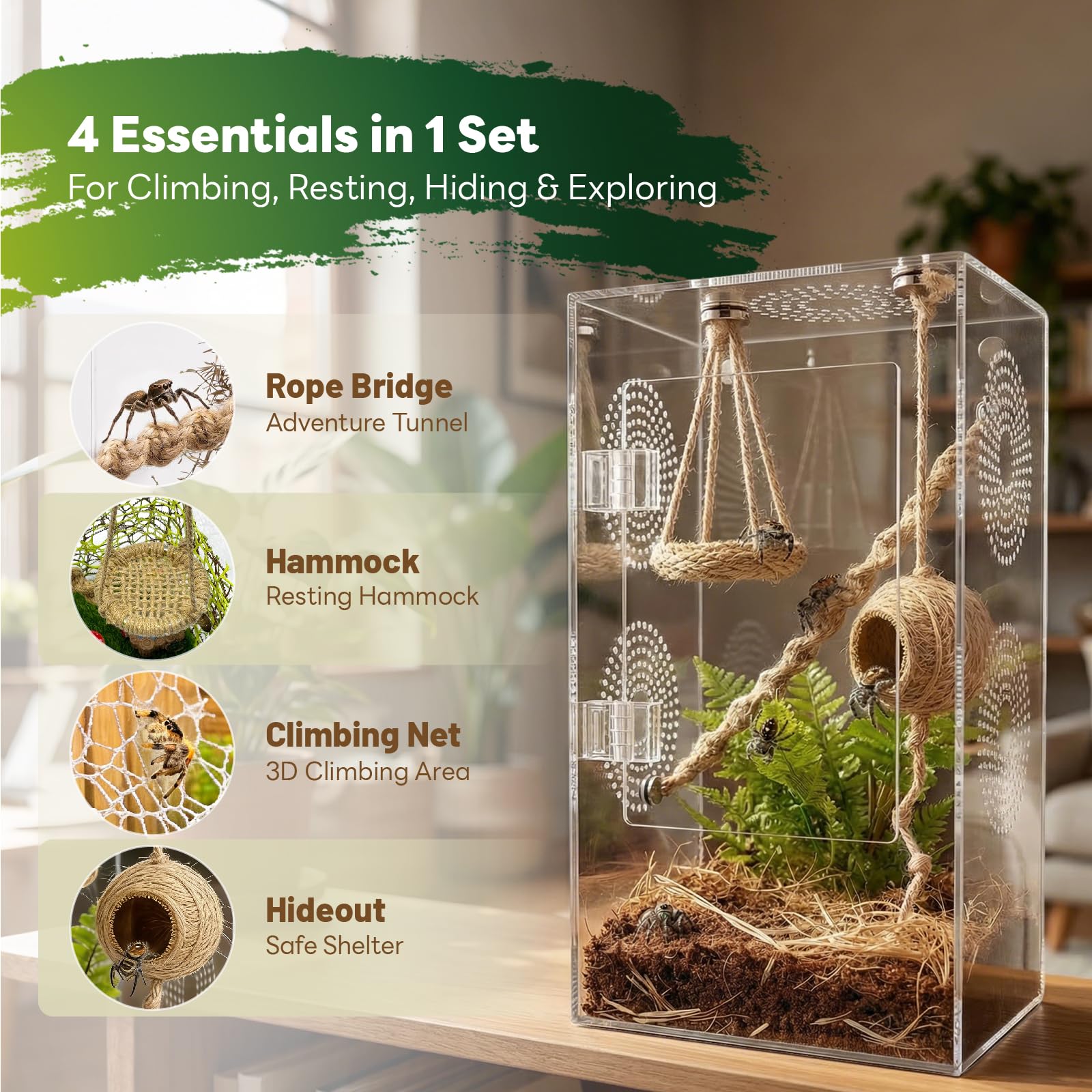 15 Stück Magnetisches Springspinnen Zubehör Set,Jute Vertikale Hängematten & Aufhängbare,Nest aus Natürlichem Hanfseil 6 Moosband,Kletterschaukel Erkunden Klettern (Nicht enthalten Terrarium)