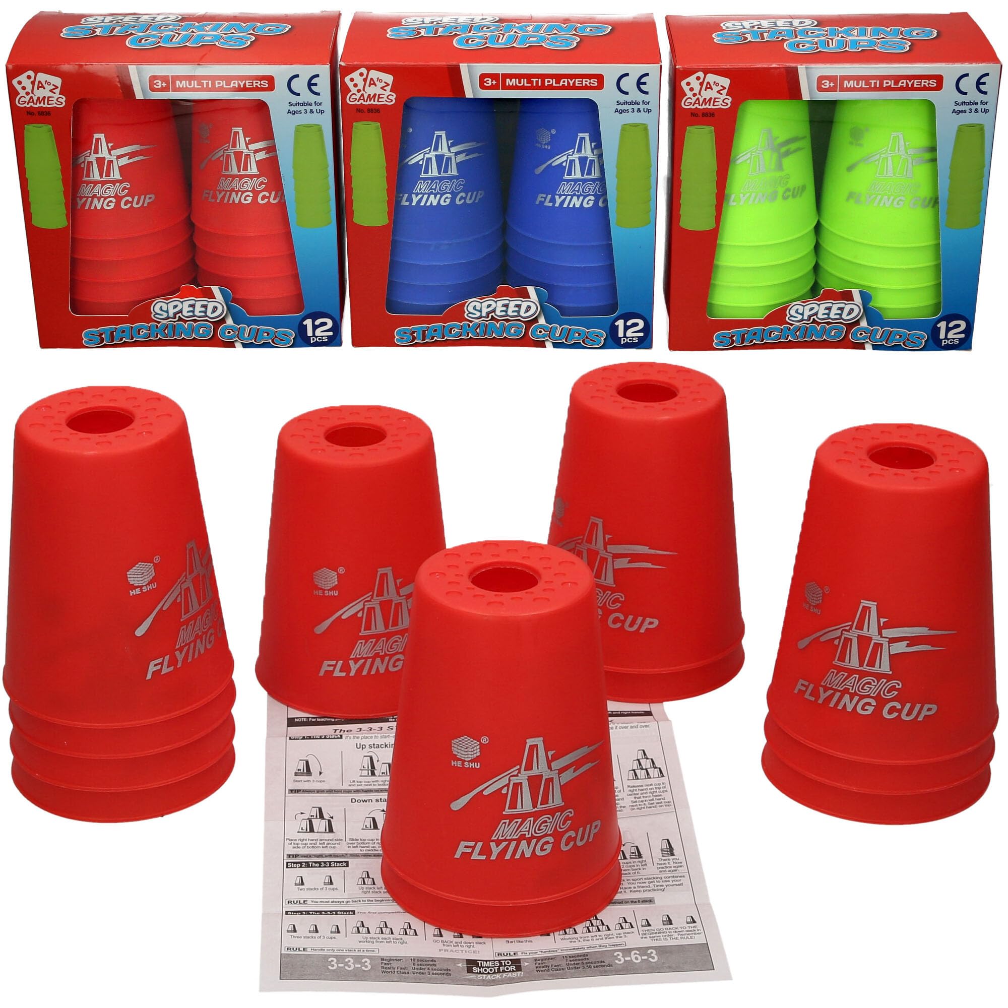 Speed Stacking Cups, Magic Flying Cup Game, Multi Players, 12 Pieces, Ages 3 & Up, Red/Blue/Green