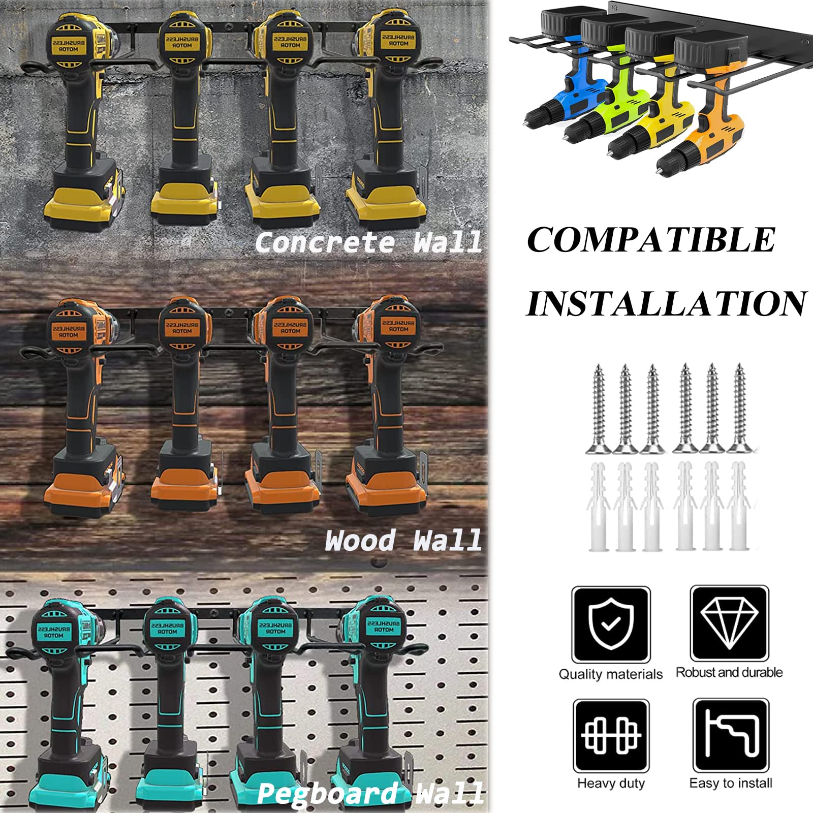 Lot de 2 organiseurs d'outils électriques | Support mural de rangement pour outils électriques et portatifs | Organisateurs d'outils et de rangement en métal pour garage, entrepôt, abri de jardin