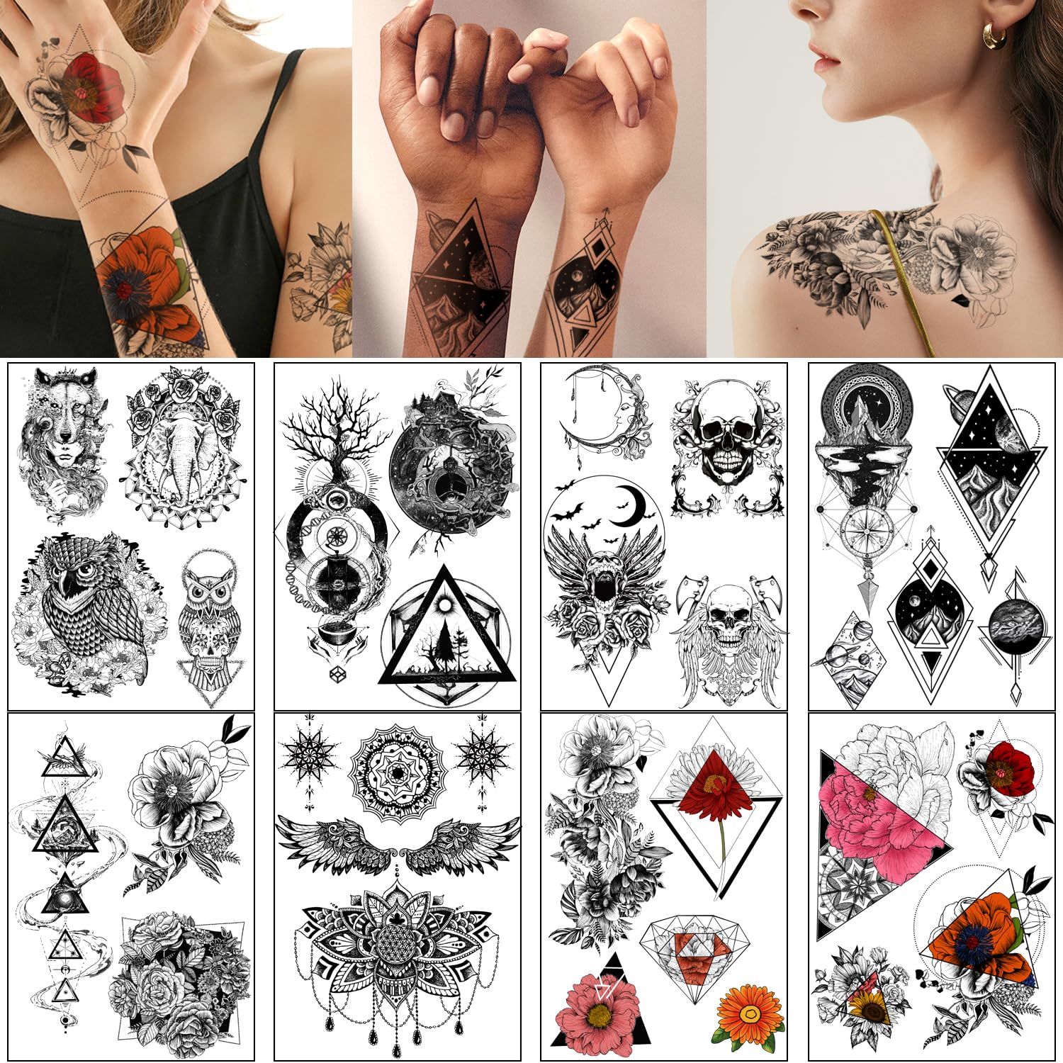 Yazhiji 32 Sheets Temporary Tattoos Adults, Totem Flower Rose Tower Sunflower Fake Tattoos for Women Men, Planet Hlalf Arm Temporary for Girls Boys Kids