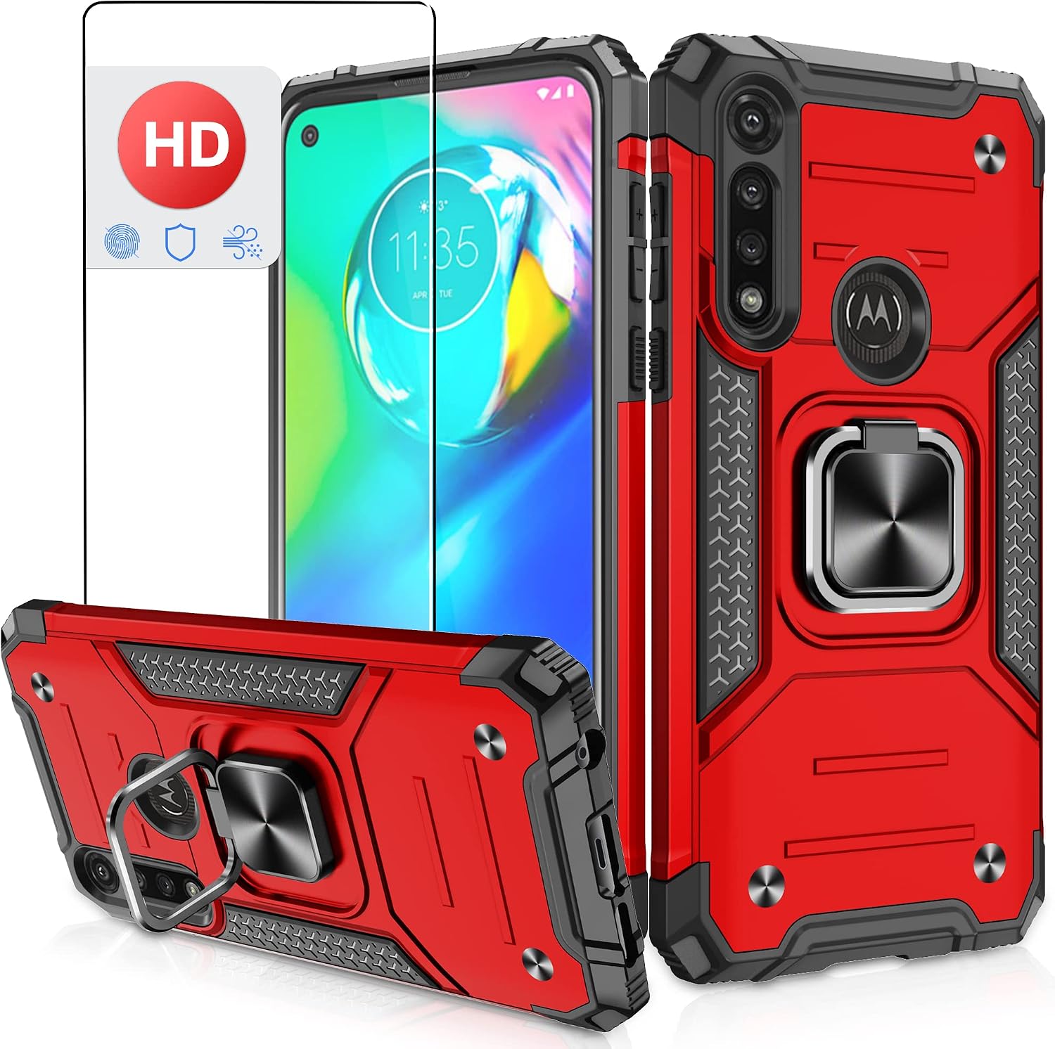 Moto G Power 2020 Case, Moto G Fast Phone Case with HD Screen Protector, Atump Rotation Ring Kickstand [Military Grade] Dual Layer Shock Absorption Protective Case for Motorola G Power 2020, Red