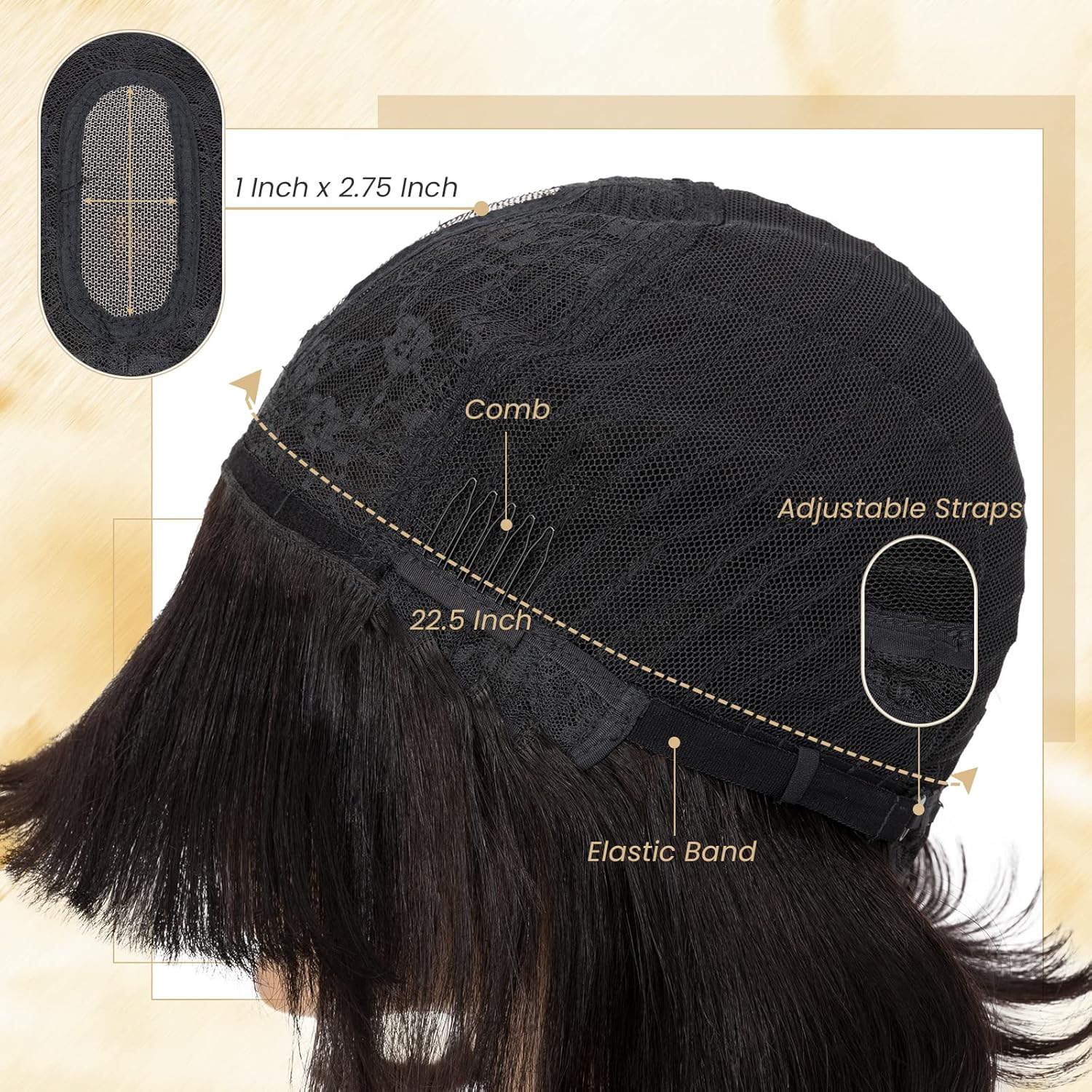 10 Inch Light YAKI Short Bob Wig Human Hair with Bangs, Black Blunt Cut Bob Wig Straight Glueless Headband Wigs for Women, Realistic Large Lace Scalp 180% Density 100% Human Hair