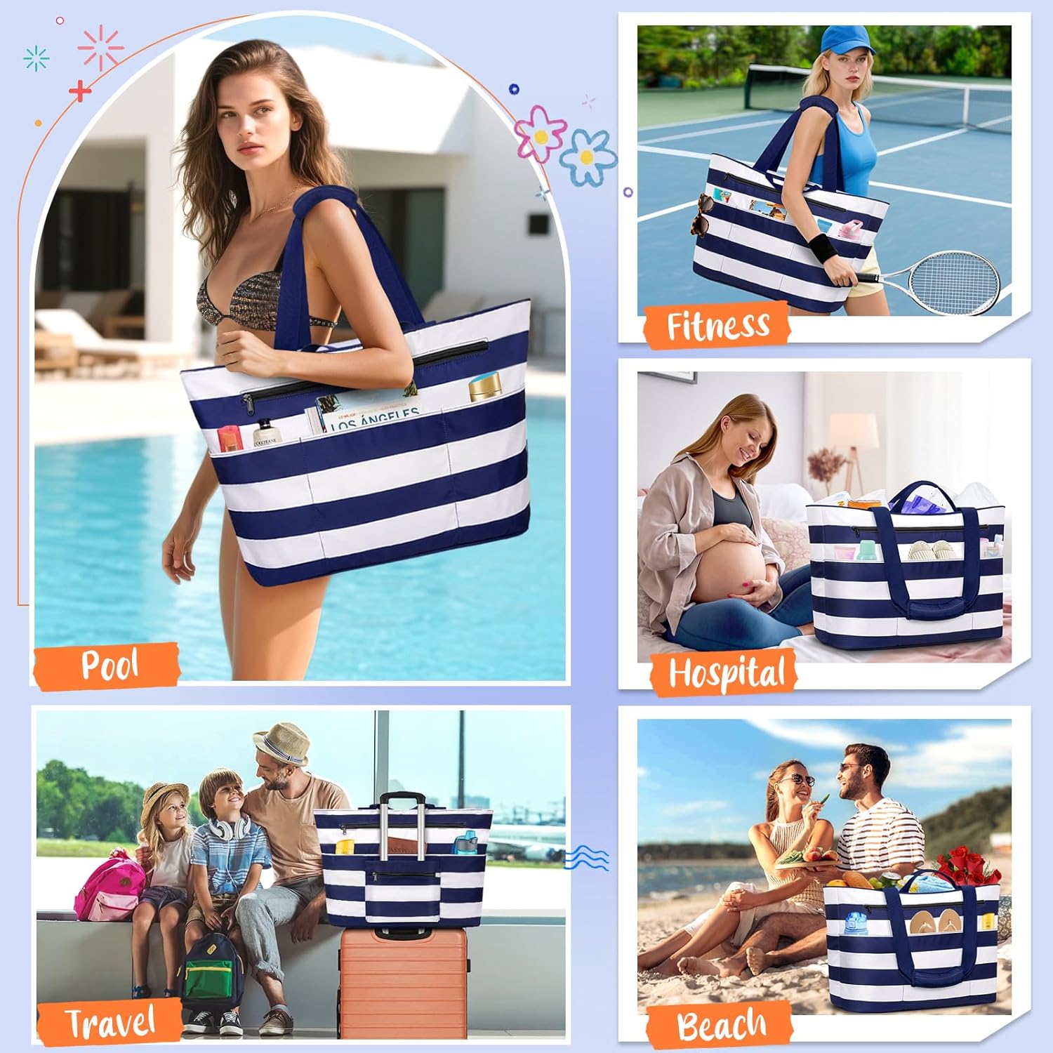 BKNOOU Extra Large Beach Bags Waterproof Sandproof XL Beach Tote Bag for Women Zipper Foldable Swim Pool Bag with Wet Pocket - Image 8