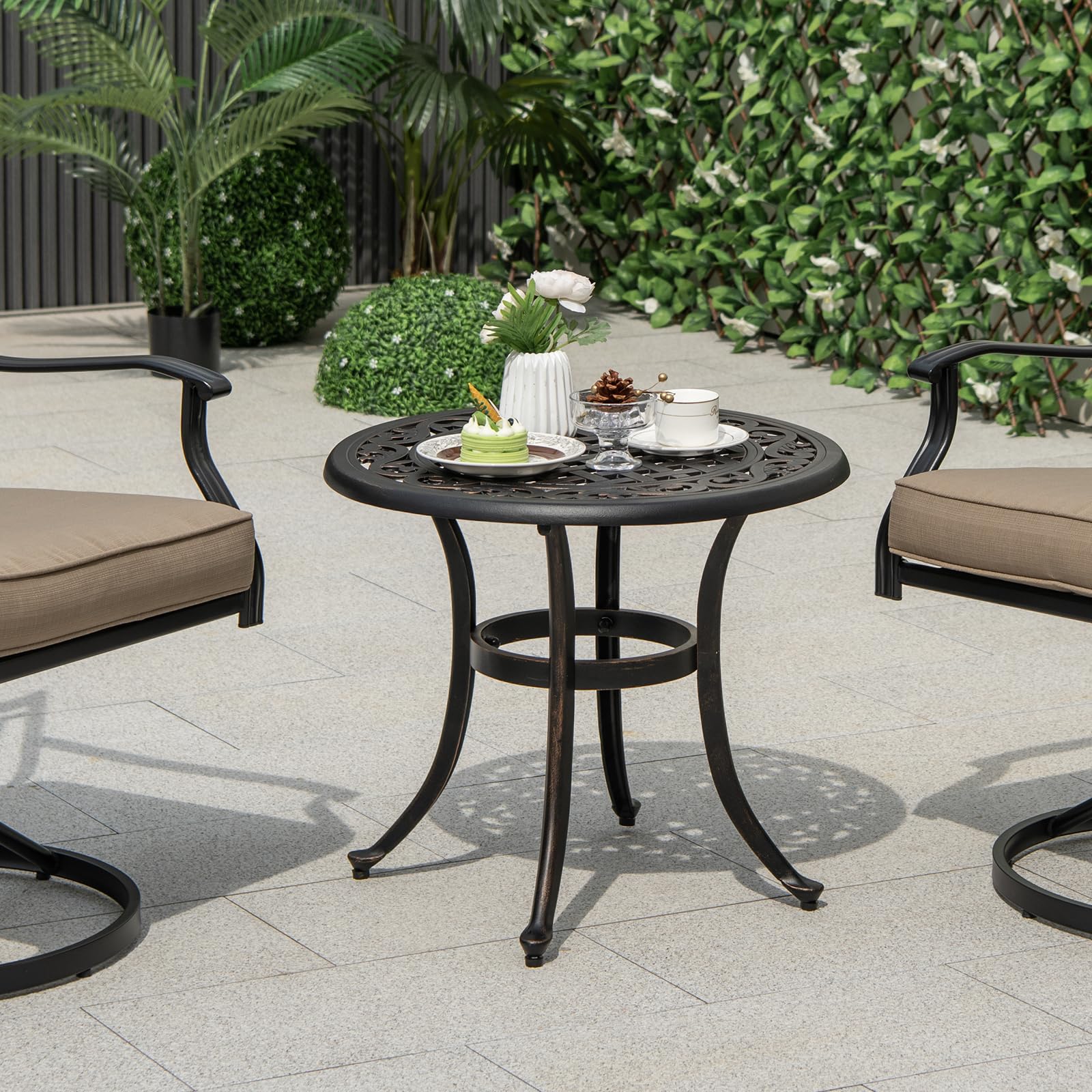 KOMFOTTEU Table de Bistrot Ronde en Fonte d'Aluminium, Table d’Appoint, Cadre en Métal, Charge de 50 kg, Meuble de Jardin, Style Vintage, pour Balcon, Terrasse, Patio, Φ60 x 53 cm (H) (Marron)