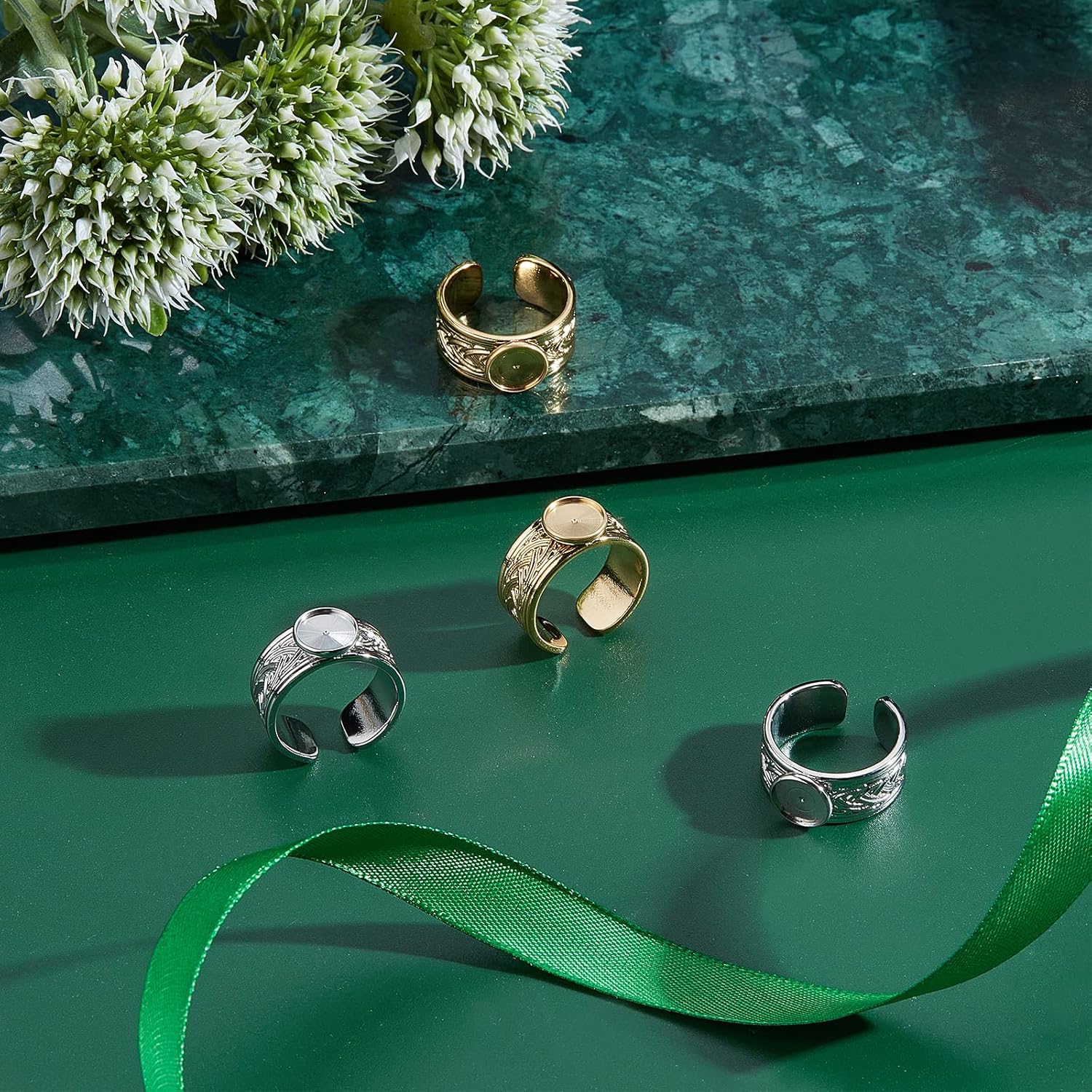 UNICRAFTALE 4Pcs 2 Colors Wide Tray Cuff Ring Settings Size 7 Cabochon Ring Carving Pattern Stainless Steel Blank Rings 8mm Trays Open Finger Rings for Jewelry Making image 5