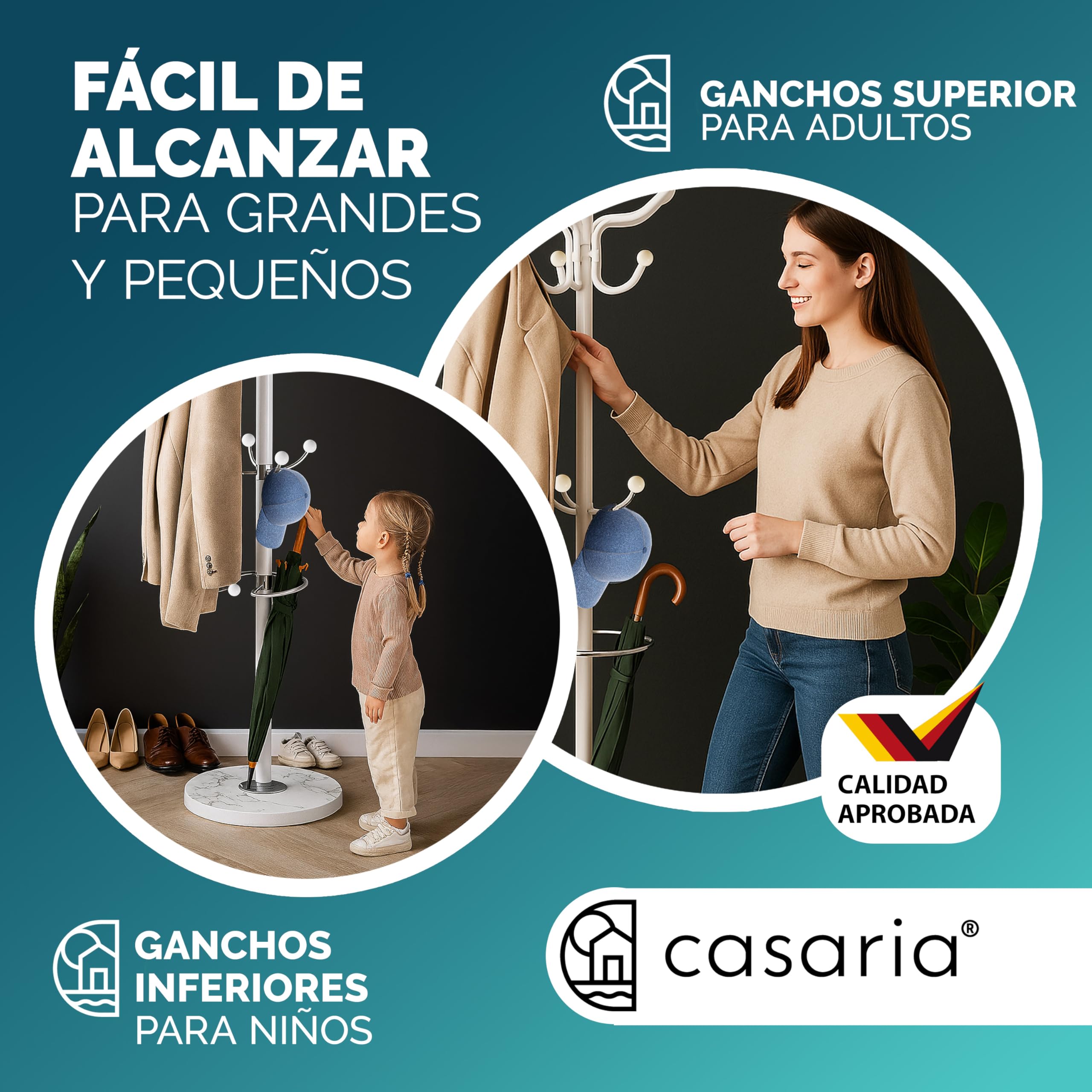 CASARIA® Perchero de Pie, Forma de Árbol, 14 Ganchos, Base Mármol, para Pasillo Recibidor Entrada, Colgador Chaquetas Sombreros Ropa Resistente Bolsos 175x37cm