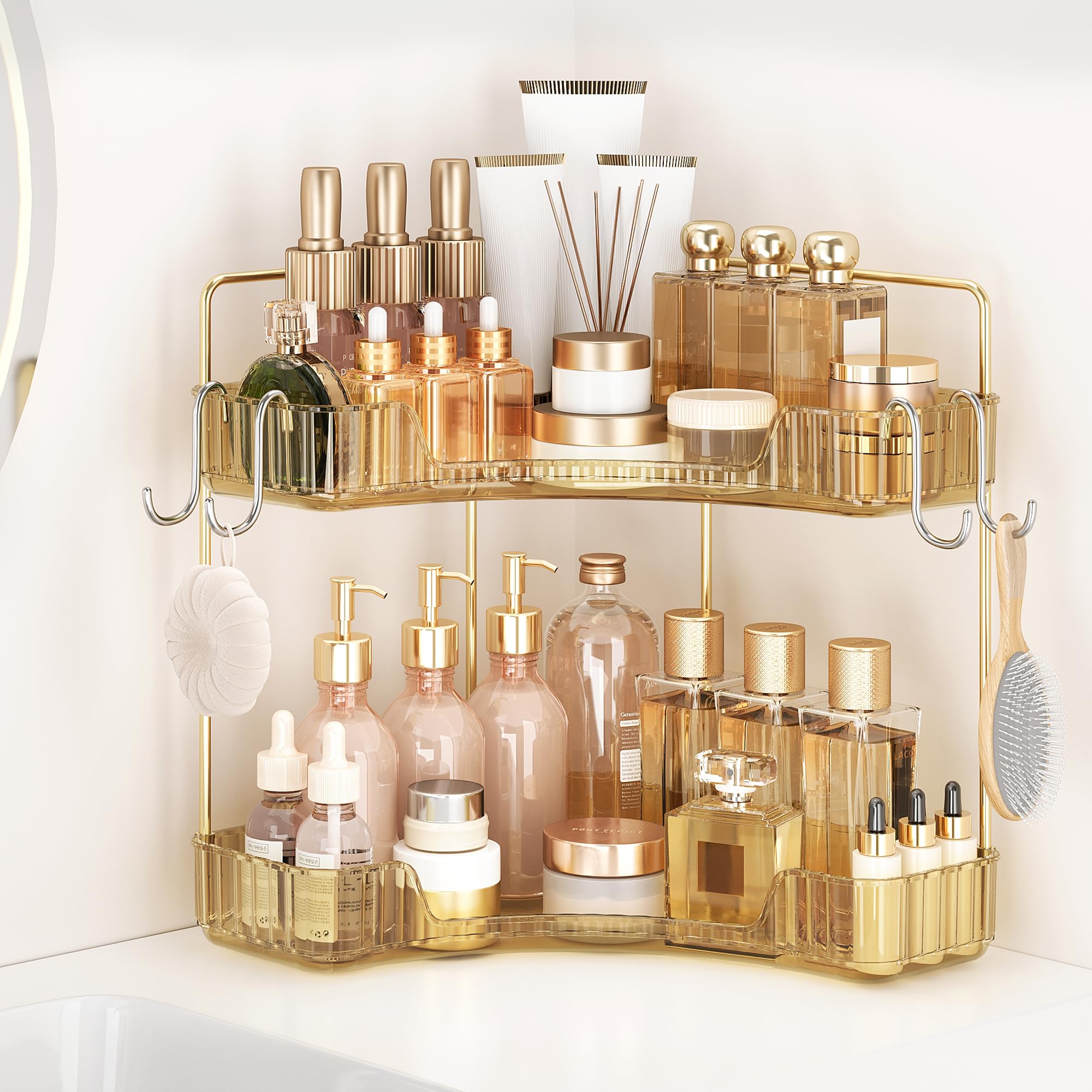 Gold Corner Counter Organizer, 2 Tier Bathroom &amp; Kitchen Tray