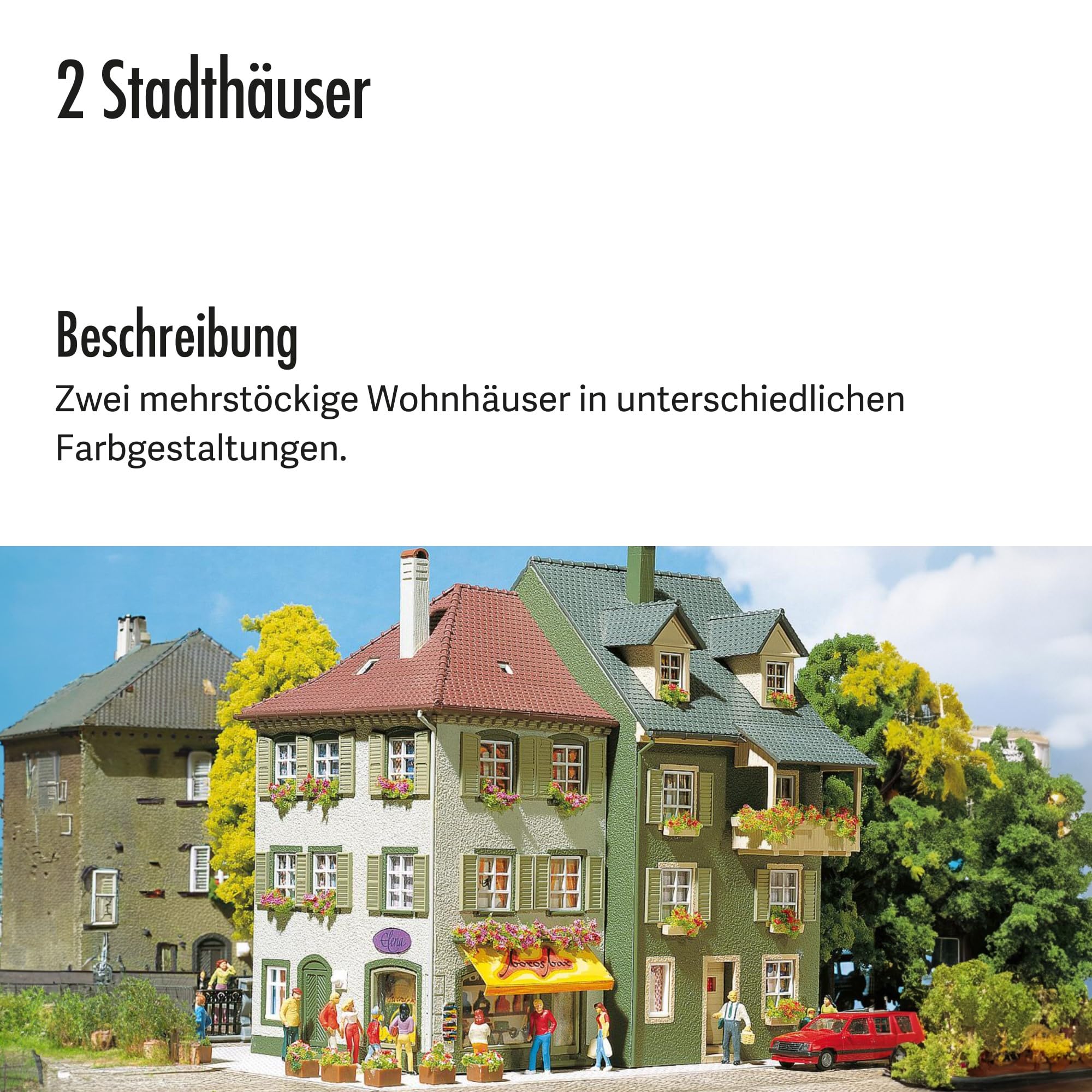 FALLER 2 Stadthäuser Modellbausatz mit 207 Einzelteilen 75 x 112 x 145mm, 68 x 91 x 134mm I Modelleisenbahn Zubehör H0 I Modelleisenbahn H0 Wohnhäuser, Divers