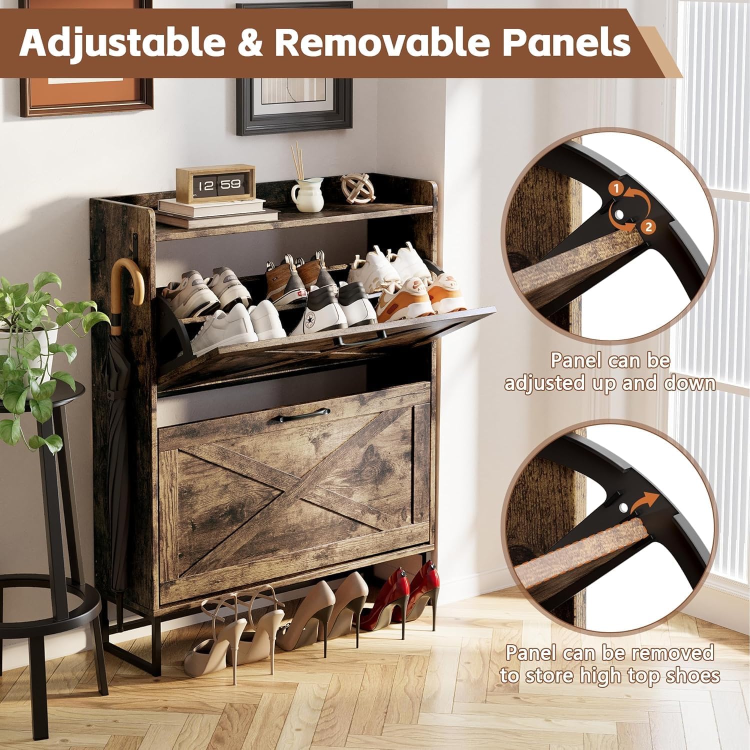 Shoe Cabinet Storage for Entryway Hidden Shoes Storage Cabinet with 2 Rattan Flip Drawers, Shoes Cabinet with Adjustable Shelves for Entryway, Hallway, Shoe Organizer Cabinet, Rustic Brown