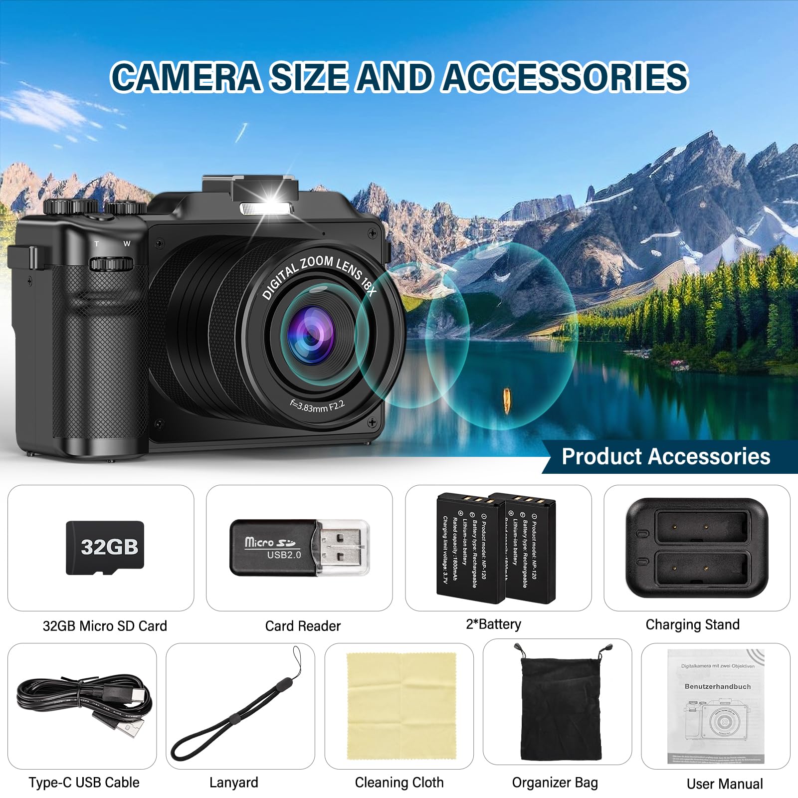 64MP 4K Digital Camera, 3 Inch Full Touch Screen Compact Selfie Vlogging Camera, 3600mAh Beginner Camera With Lock Screen Shooting, OTG Connection, For Gifts
