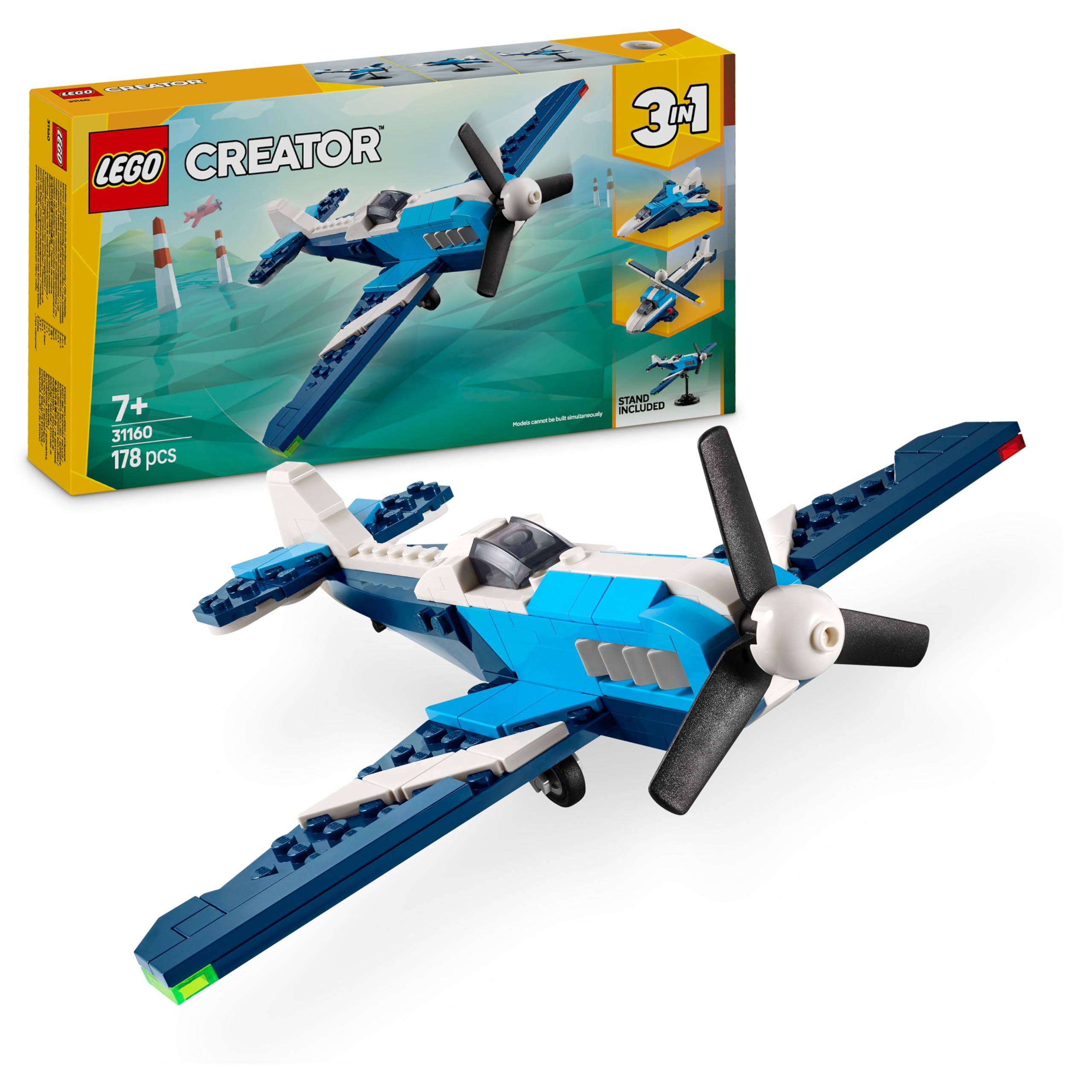 LEGOCreator 3in1 Aircraft: Race Plane Toy - Transforms into a Jet or Helicopter Model - Vehicle Building Set for 7+ Year Old Boys & Girls - Fun Birthday Gift Idea - 31160