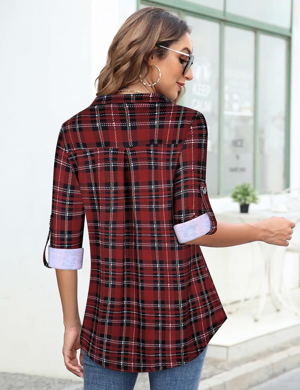 Tanst Sky Womens Casual Long Sleeve Zipped V Neck Plaid Tunic Blouses - Image 3