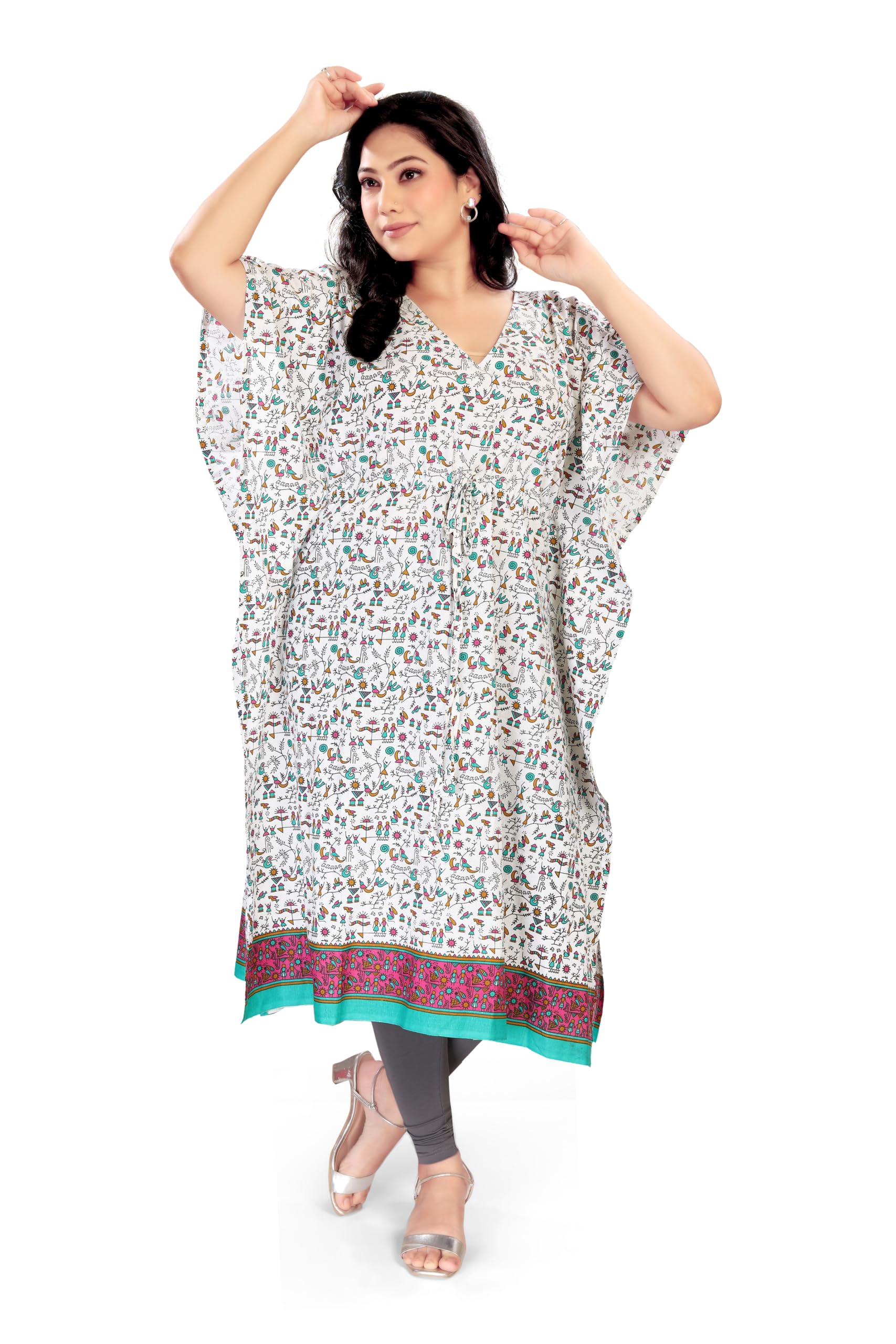 Women's Cotton Warli Print Kaftan | V-Neck | Adjustable Drawstring (Dori) Waist | Relaxed Fit | Casual & Lounge Wear | L, XL, XXL-picture-26