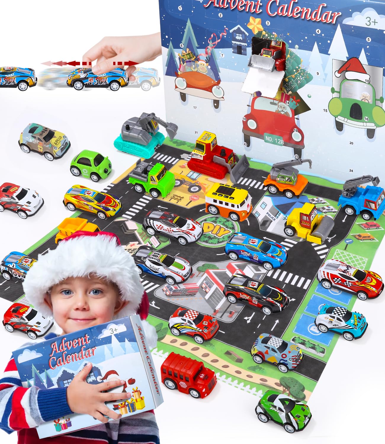 Auto Adventskalender 2025 Für Kinder | 24 Mini Racer Spielzeugautos | Mit Rennstrecke & Charakteren