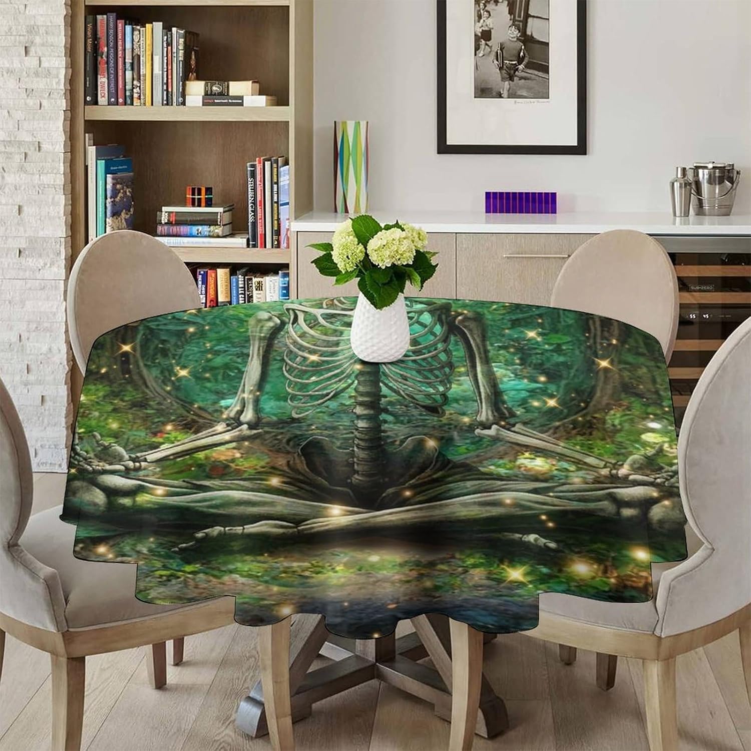 Garden Forest Skeleton Design Tablecloth Round Watercolor Arch Design Flower Skull Fantasy Table Cloth Cover Indoor Outdoor for Dining for Home Party Picnic 60x60in