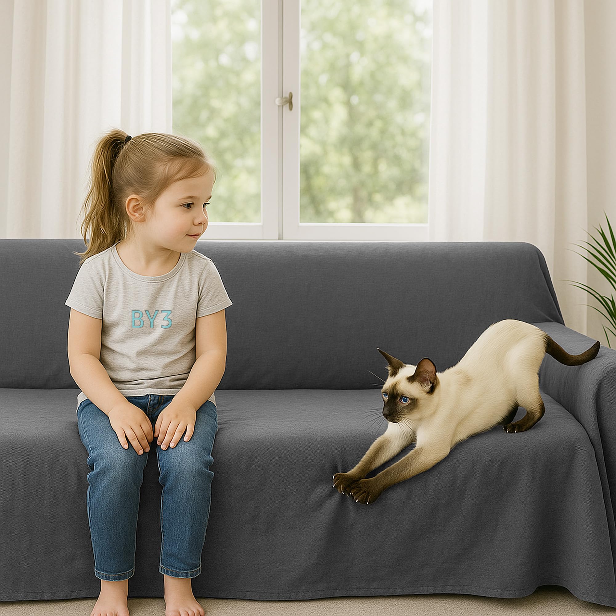 Byour3 - Sofabezug 2 3 4 Sitzer Leichte 100% Reine Baumwolle Sofa Cover Schutzhülle Sofaüberwurf L U Form Ecksofa Sofa Couch Abdeckung Alles Couchbezug Abwaschbar (Anthrazitgrau, 3 Sitzer)