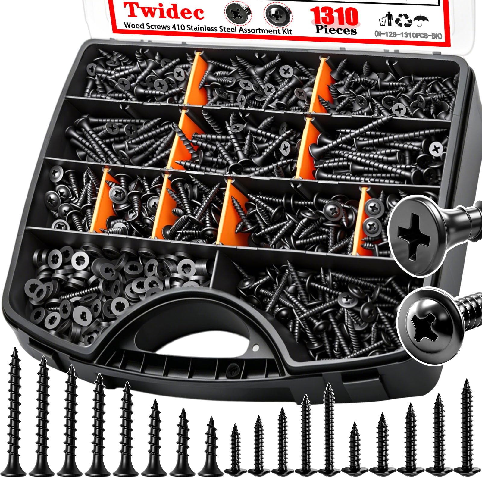 Twidec Kit surtido de 1310 tornillos de madera negros, tornillos Phillips #8#10 para madera y paneles de yeso, tornillos autorroscantes de alta dureza, rosca gruesa de 0.5 a 2-0.5 pulgadas para