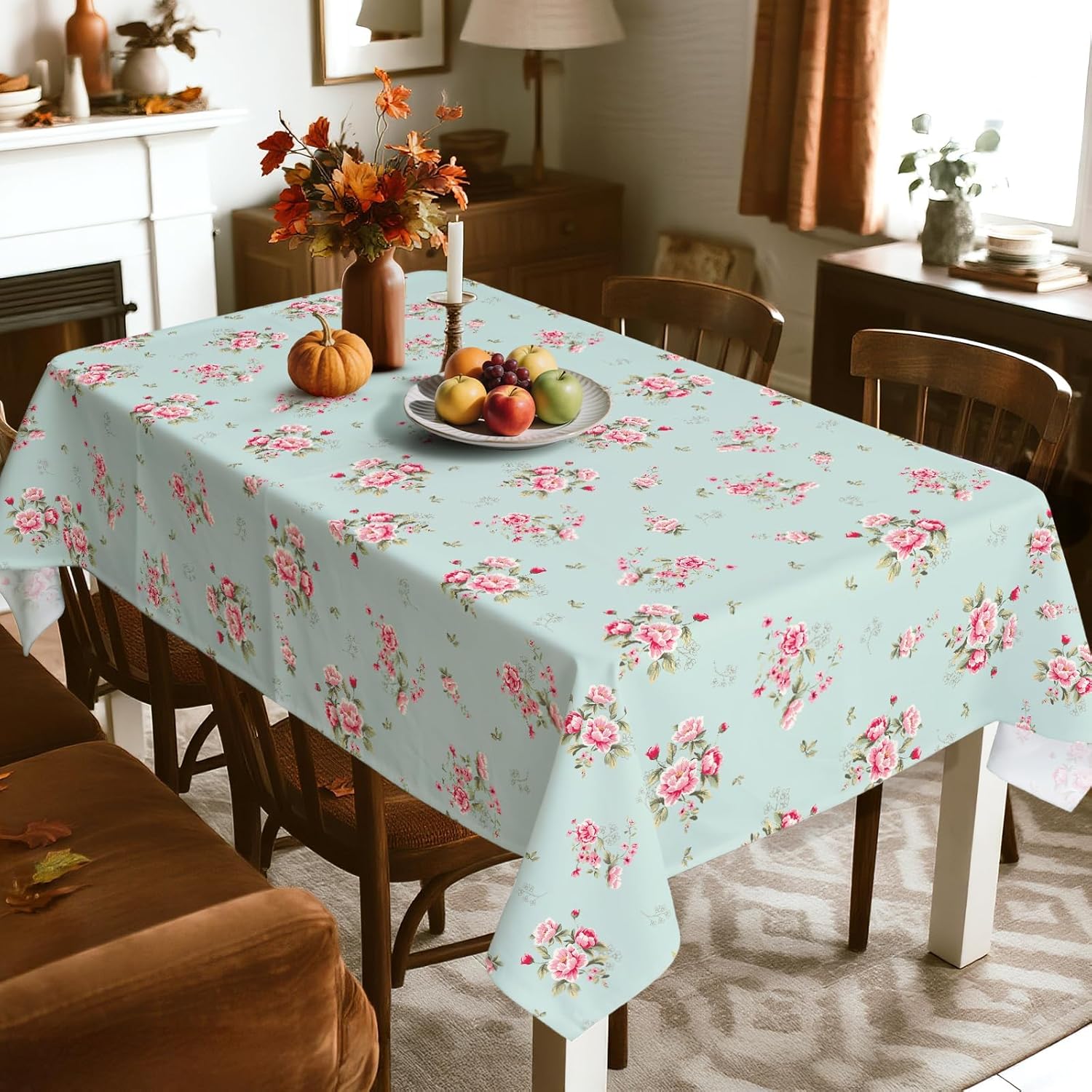 Pink Floral Tablecloth Waterproof, Green Vintage Table Cloth Rectangle Stain Resistant, Washable Table Cover for Home Kitchen Dining Party Decoration (60×84 inch) - Image 2