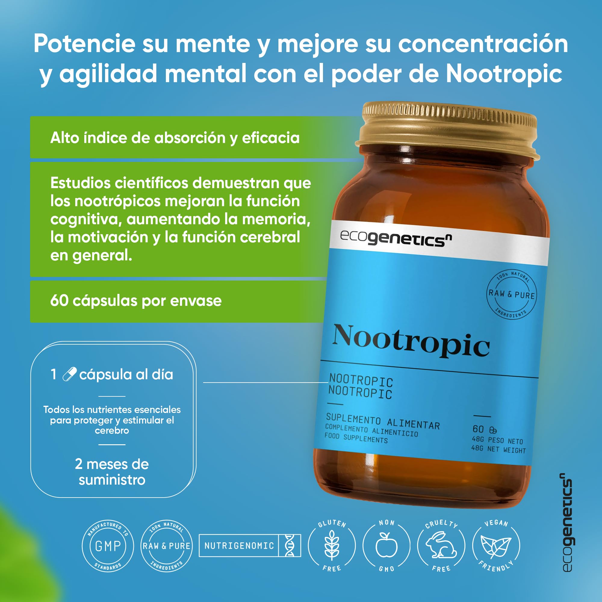 ECOGENETICS - Nootropic 60 Cápsulas | Potenciador Cerebral con Ginkgo Biloba, Vitamina B12 | Nootropicos Memoria y Concentracion | Complementos Alimenticios Veganos para Estudiantes